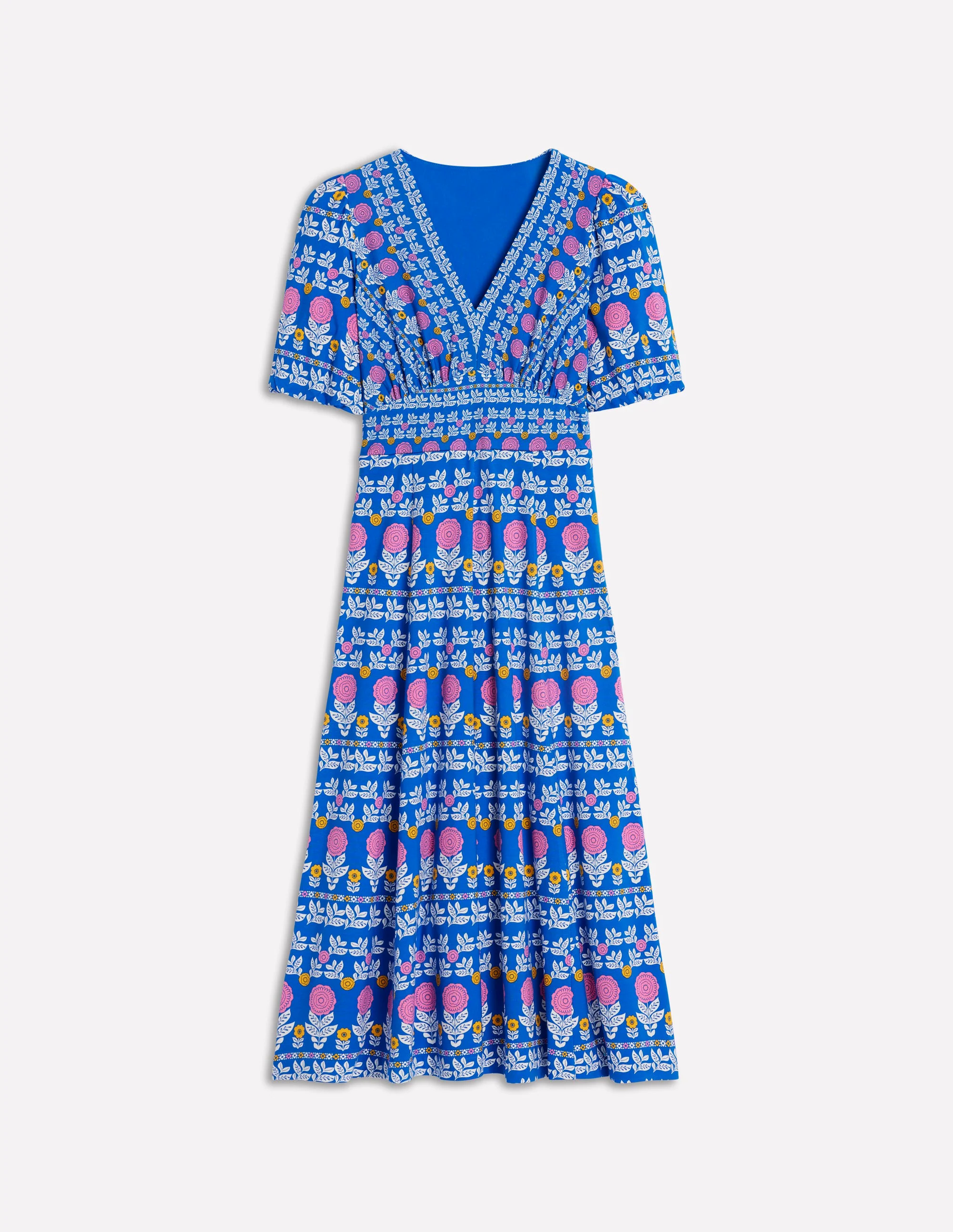 Ponte Puff Sleeve Tea Dress-Gallery Blue, Dahlia Garden
