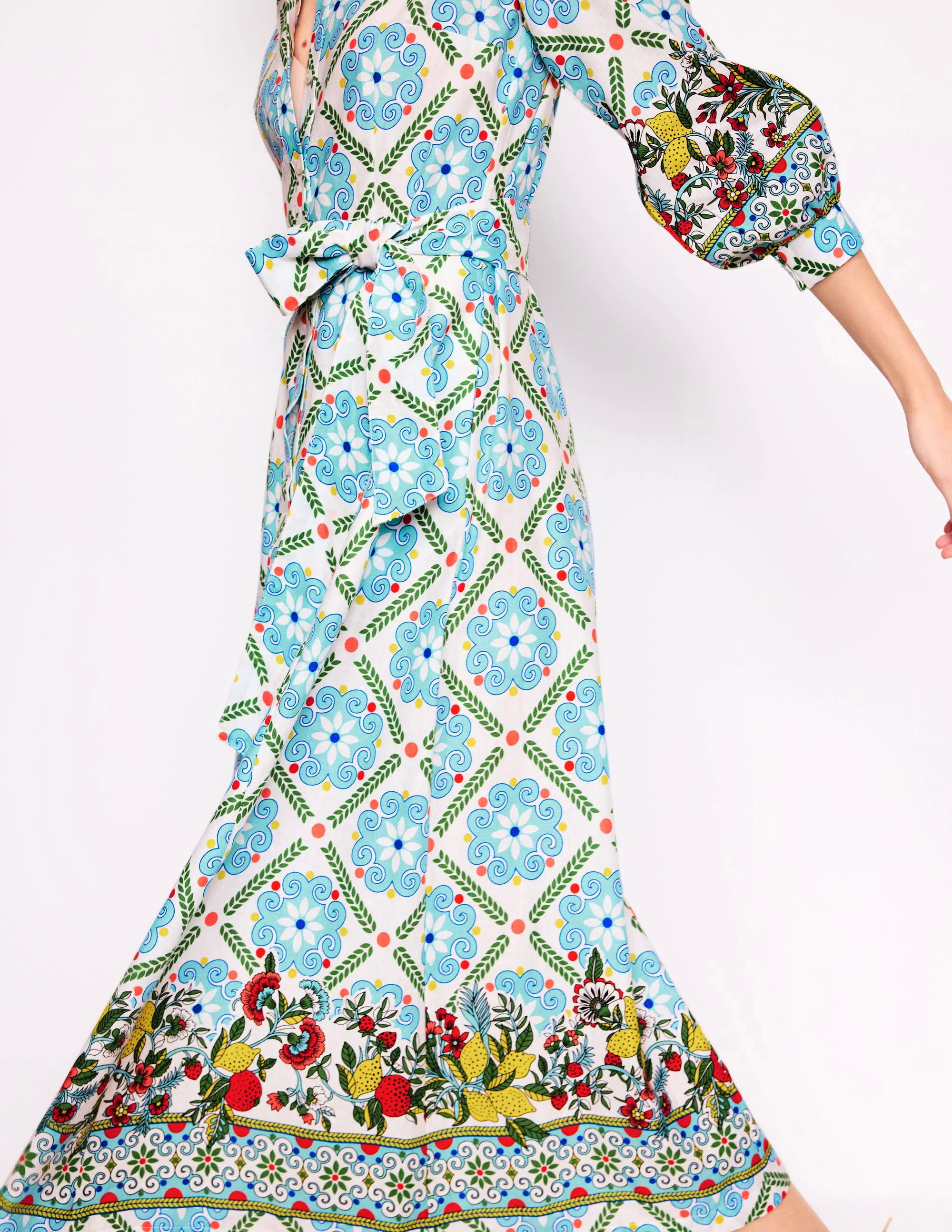 Clara Linen Blend Shirt Dress-Multi, Citrus Vine Tile