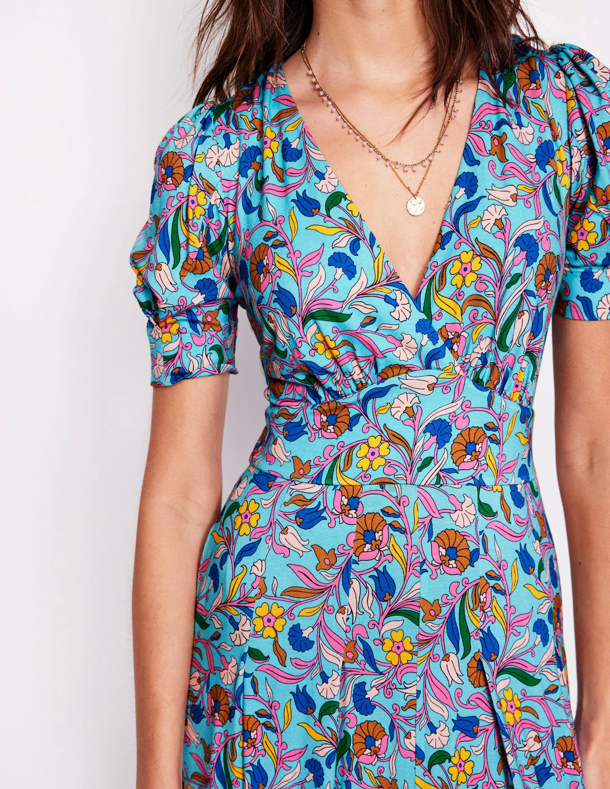 Kristen Pleated Jersey Dress-Blue, Enchanting Vine