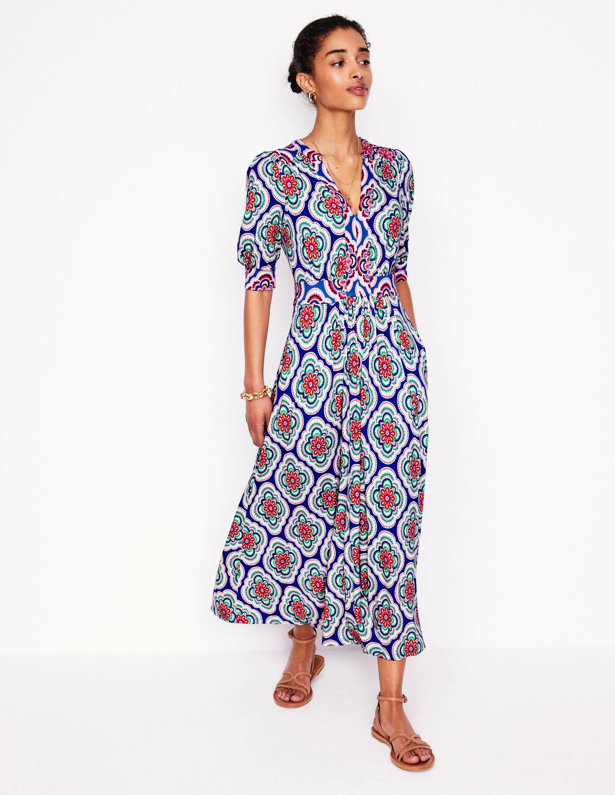 Lily Jersey Midi Tea Dress-Bright Blue, Botanic Blush