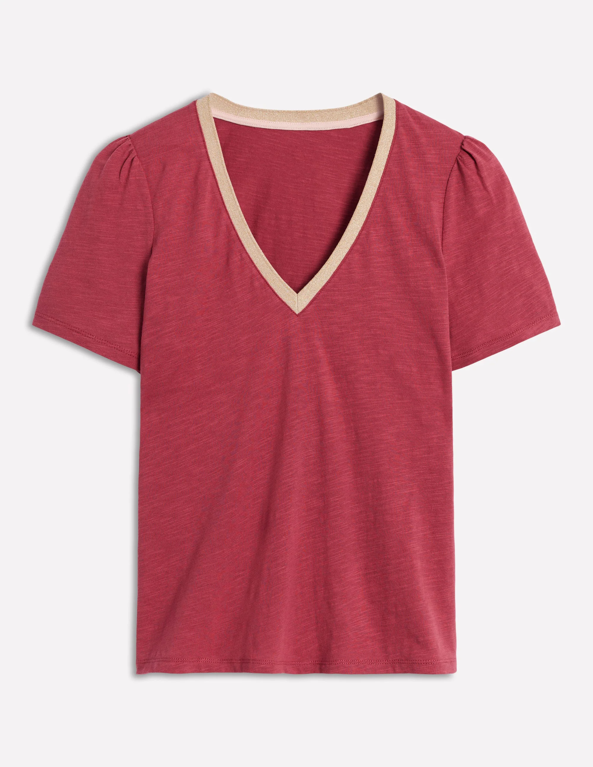 Metallic Trim V Neck T-shirt-Terracotta Red