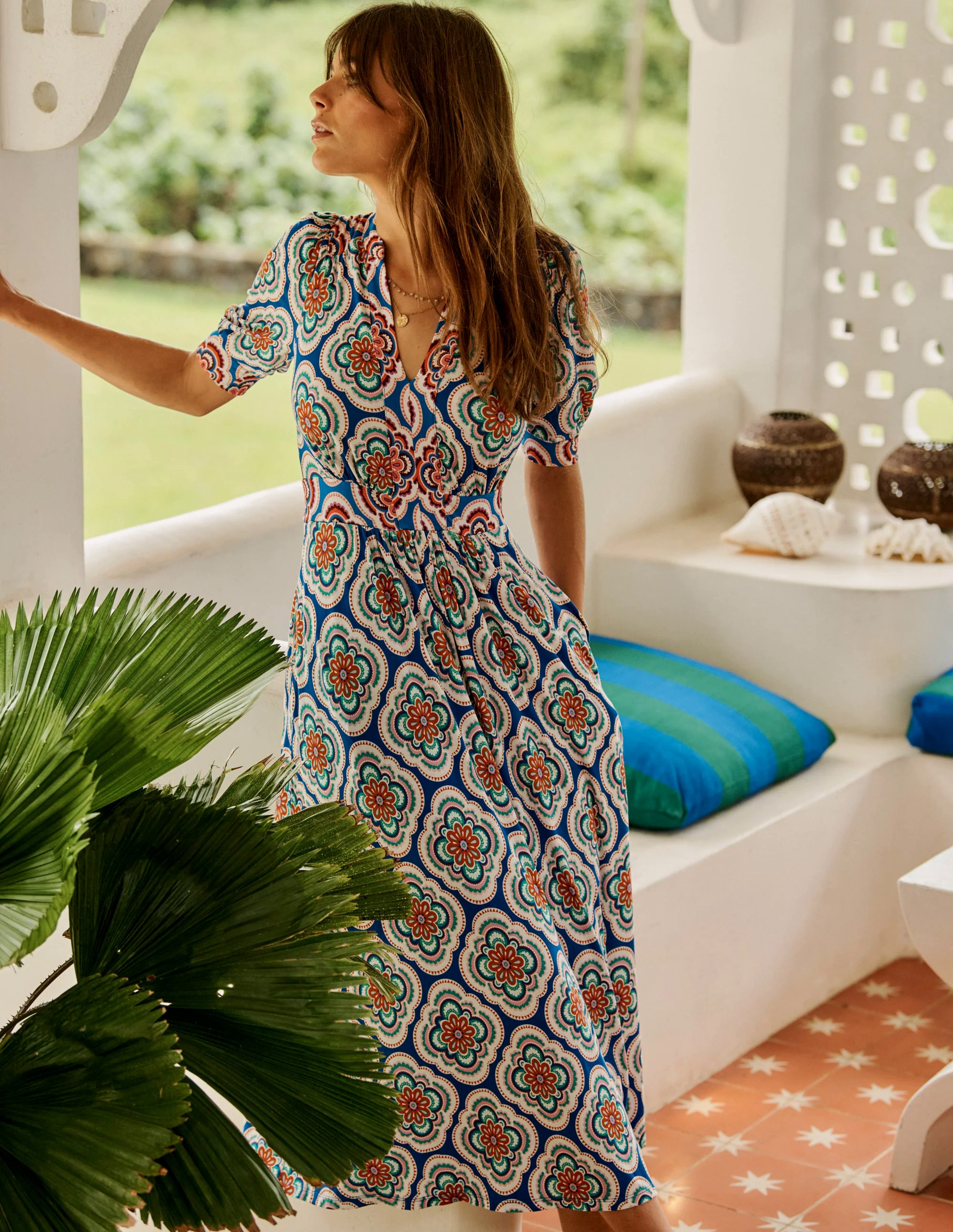 Lily Jersey Midi Tea Dress-Bright Blue, Botanic Blush