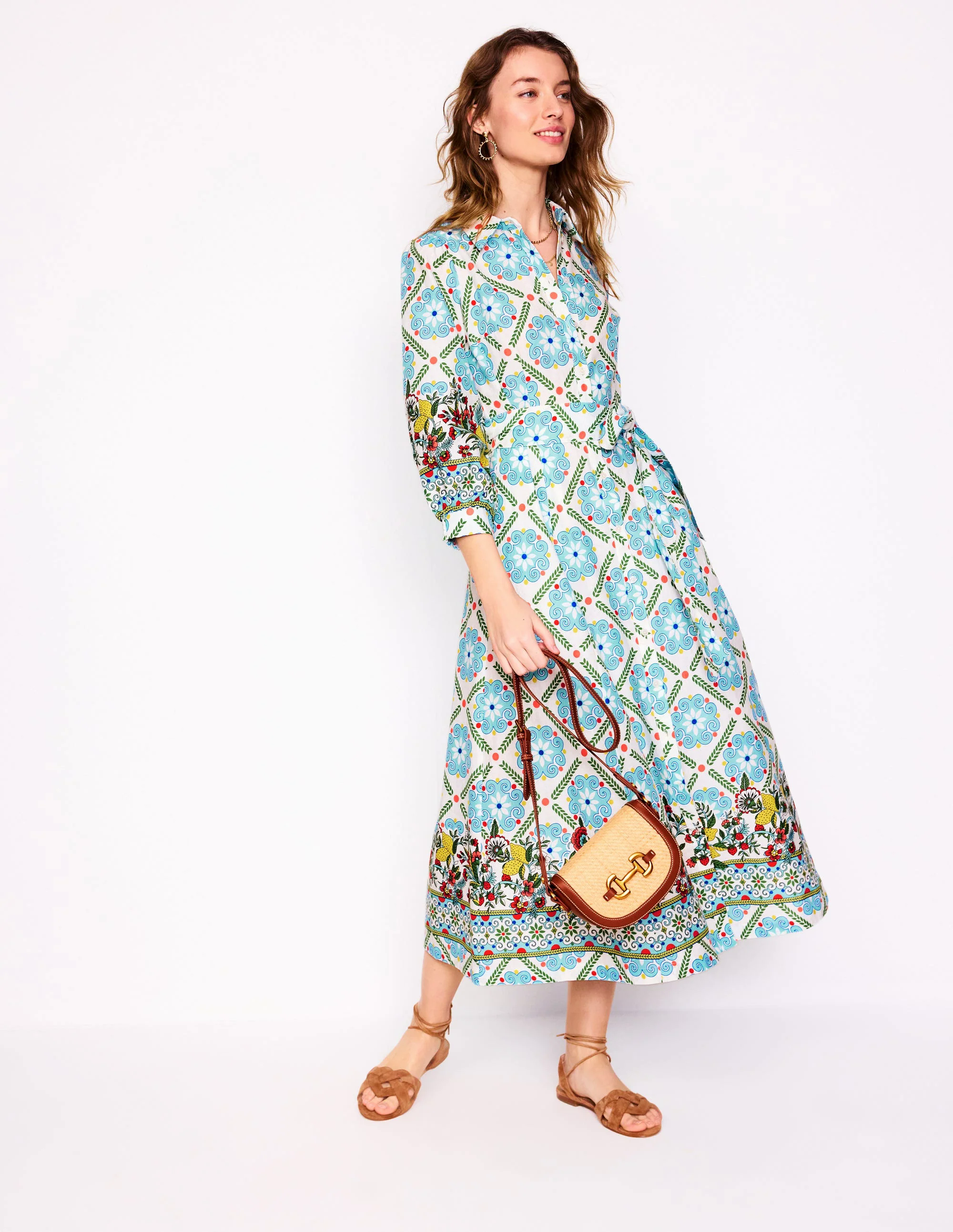 Clara Linen Blend Shirt Dress-Multi, Citrus Vine Tile