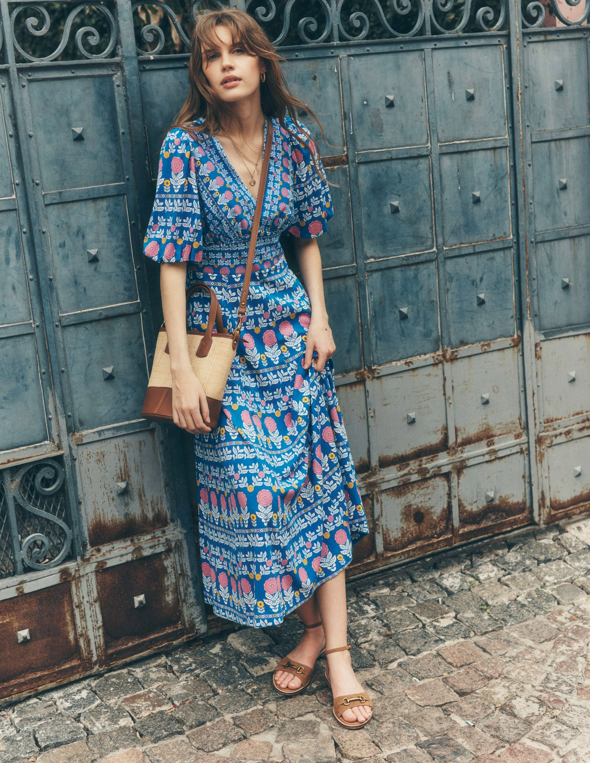 Ponte Puff Sleeve Tea Dress-Gallery Blue, Dahlia Garden