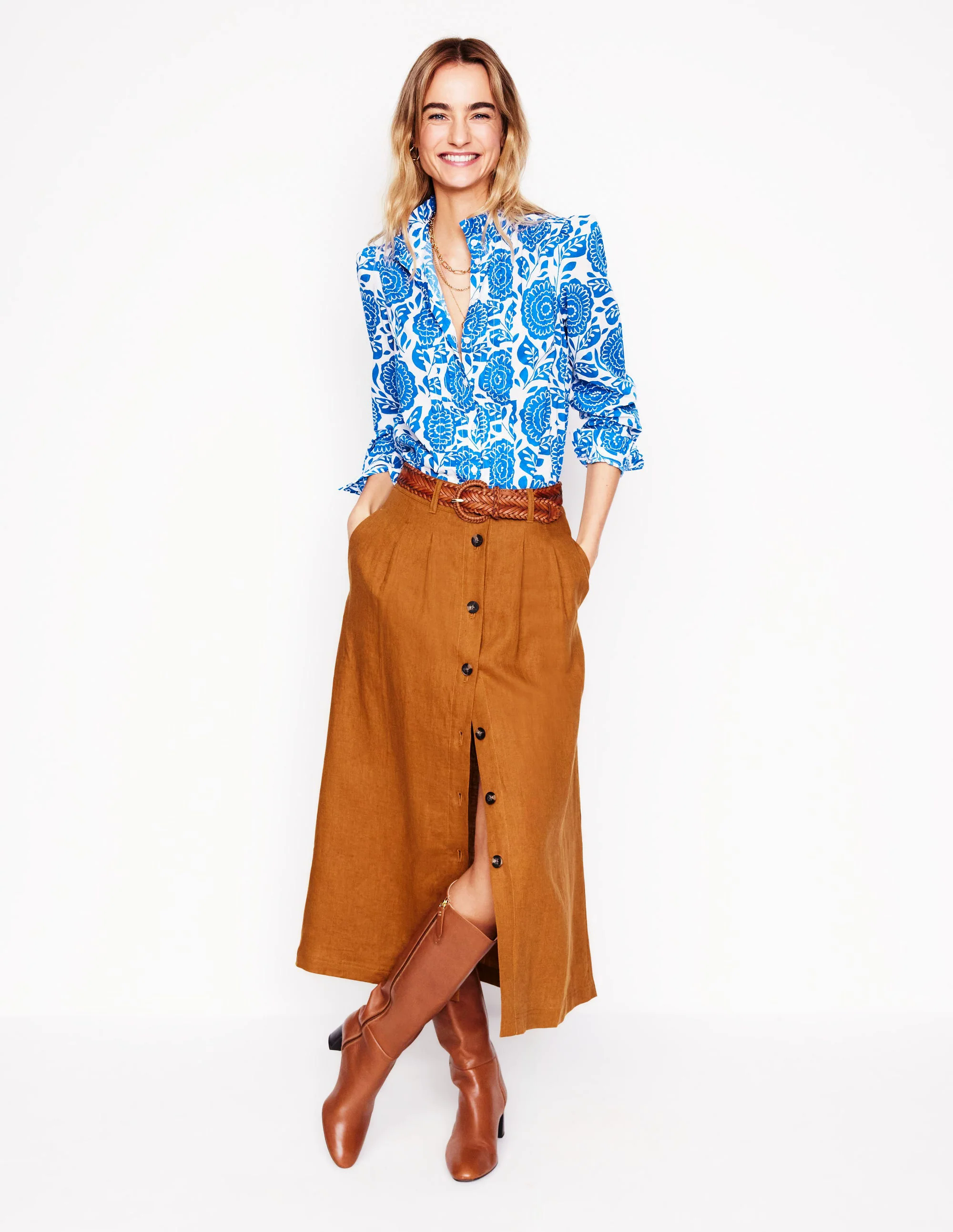 Felicity Cotton Blouse-Gallery Blue, Dahlia Stamp