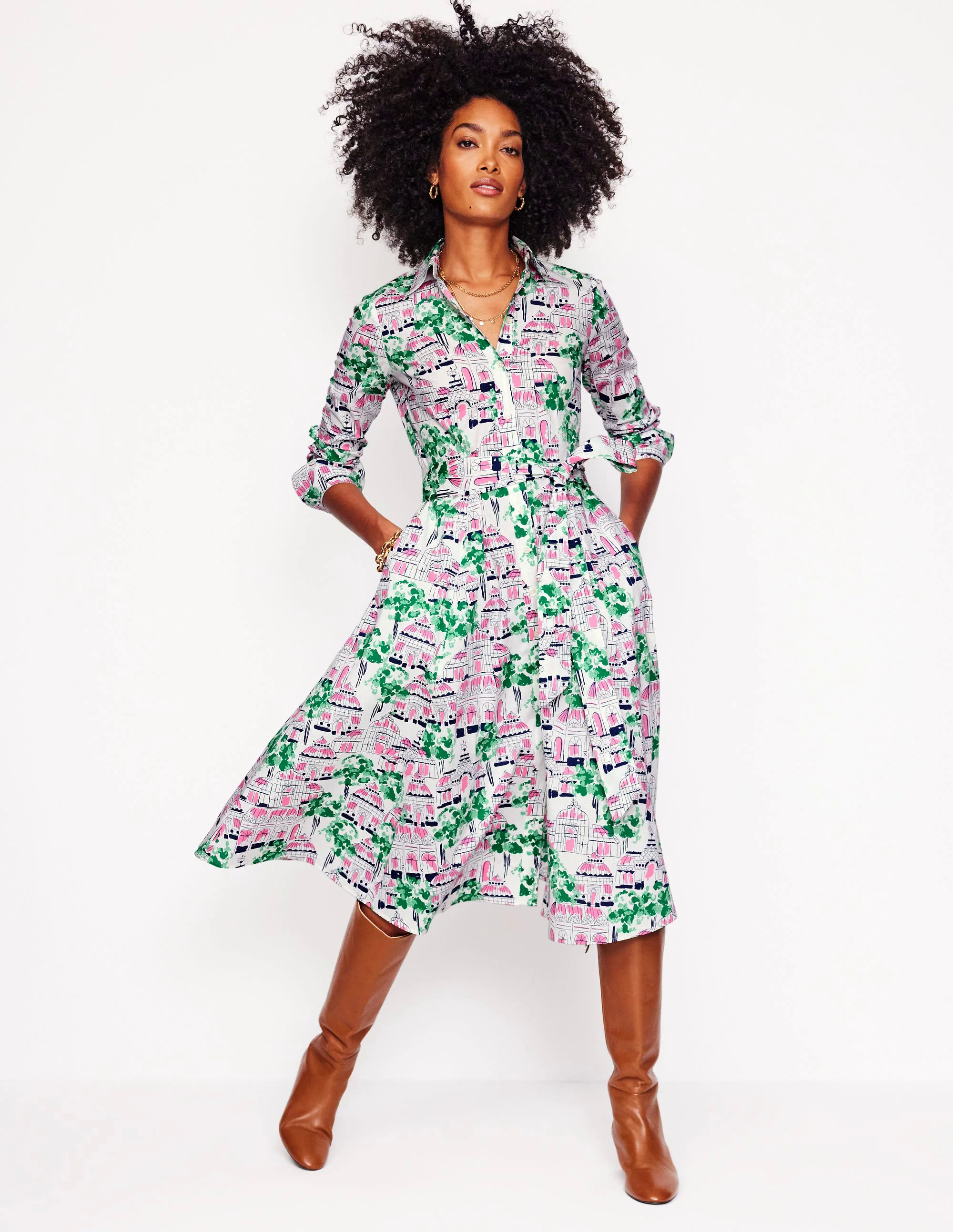 Amy Cotton Midi Shirt Dress-Ivory, Botanical Greenhouse