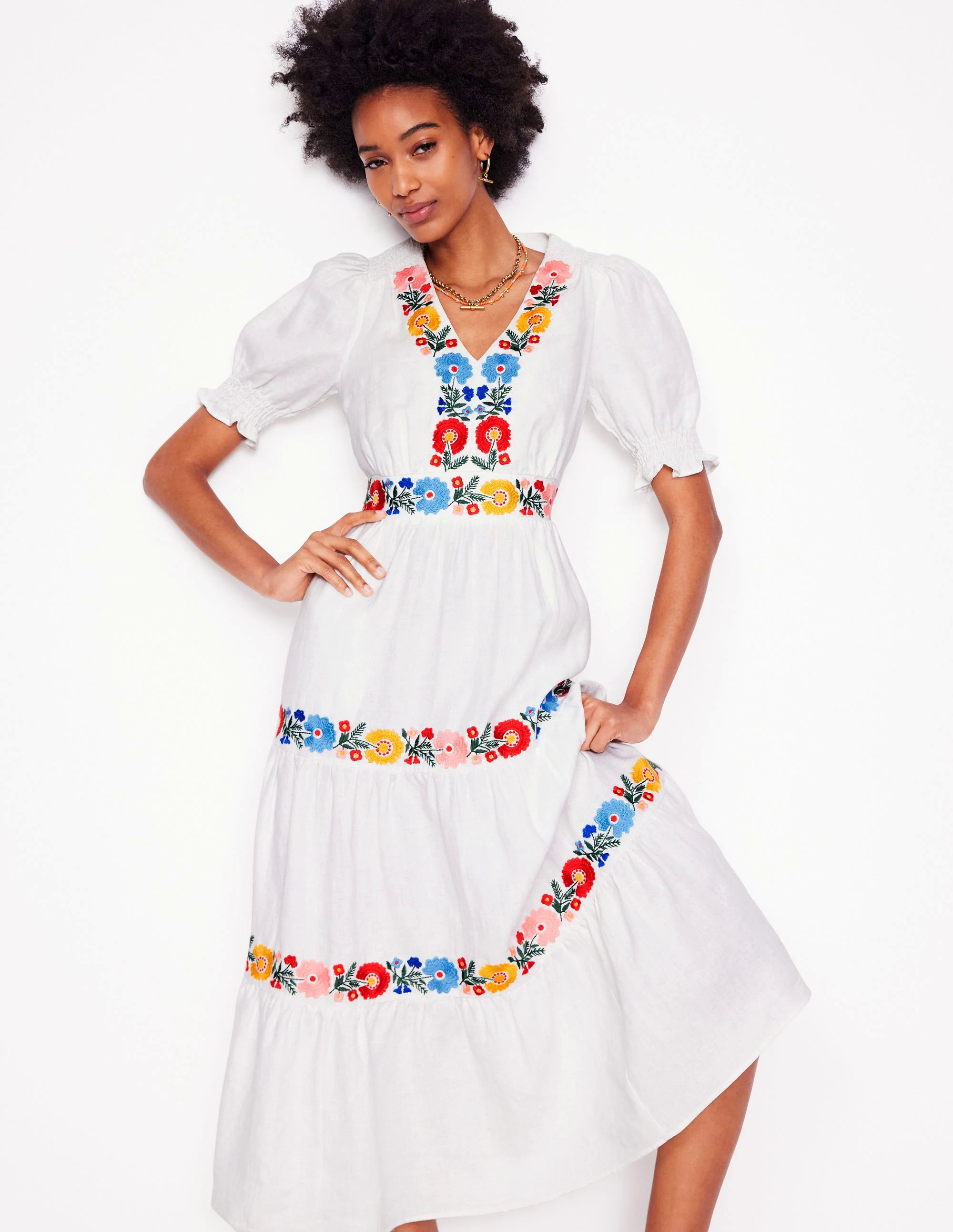 Anna Linen Tiered Midi Dress-White, Multi Embroidery