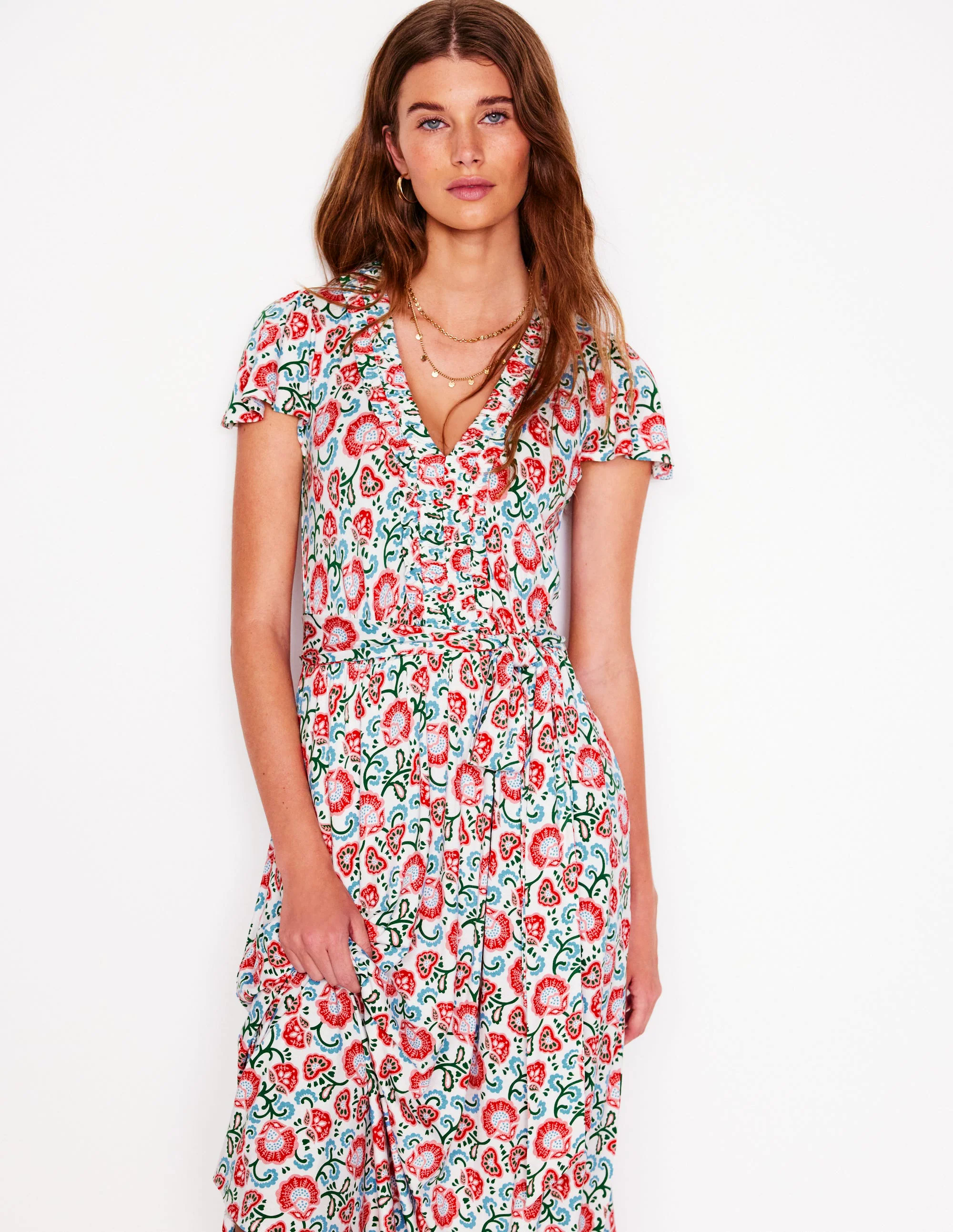 Nicola Jersey Tea Dress-Ivory, Garden Vine