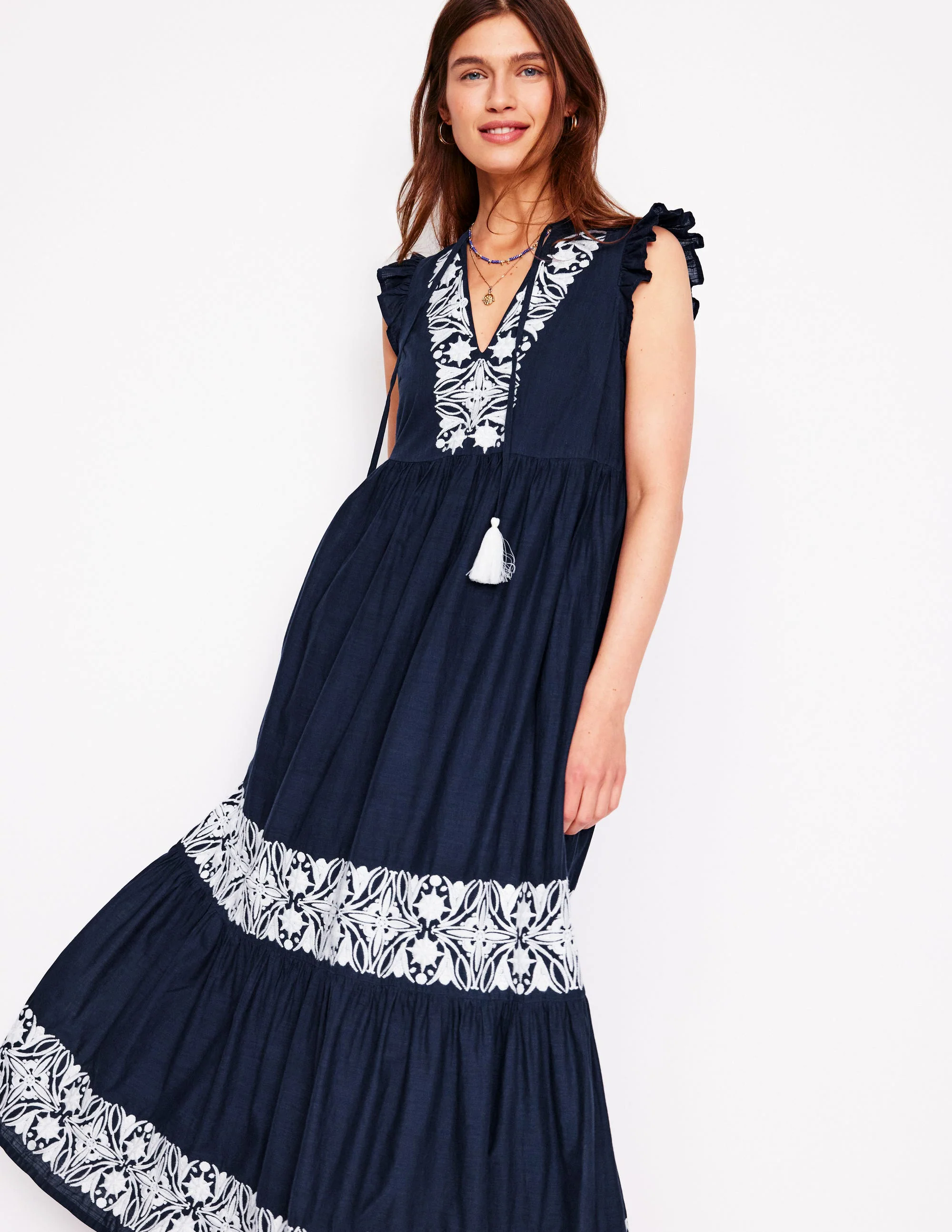 Tie Neck Tier Dress-Navy