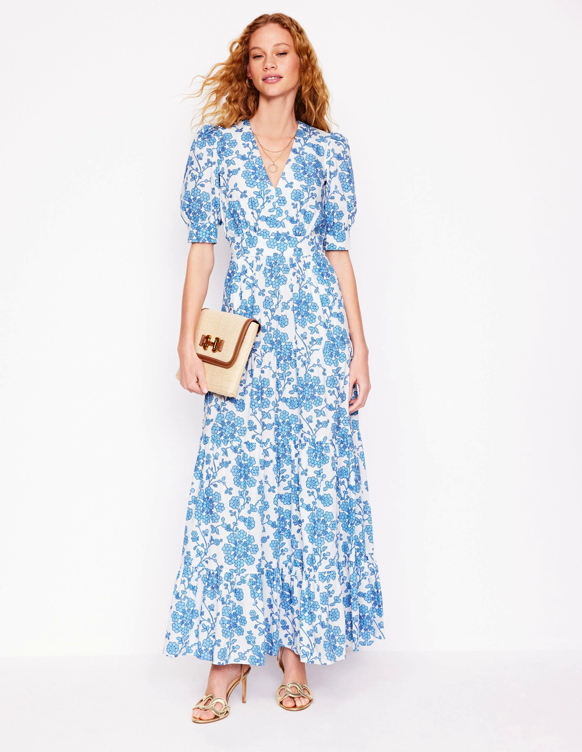 Bella Puff Sleeve Maxi Dress-Ivory, Trailing Yarrow