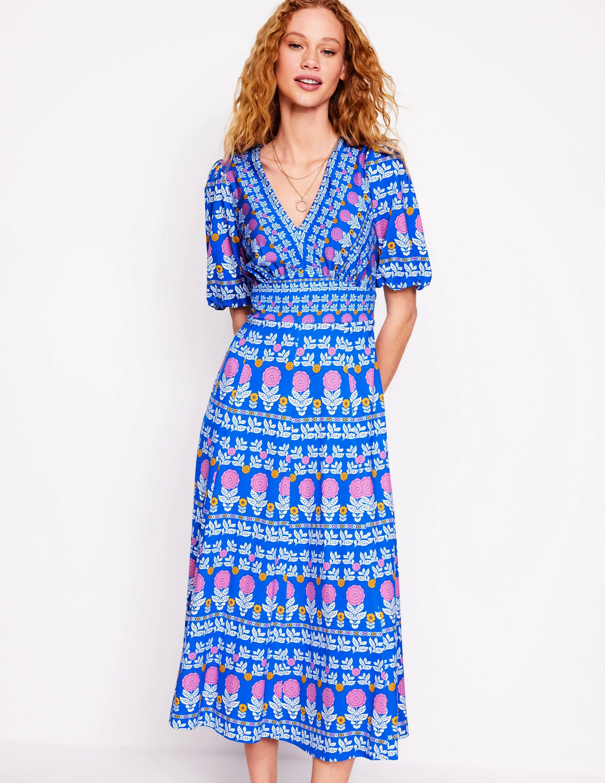 Ponte Puff Sleeve Tea Dress-Gallery Blue, Dahlia Garden