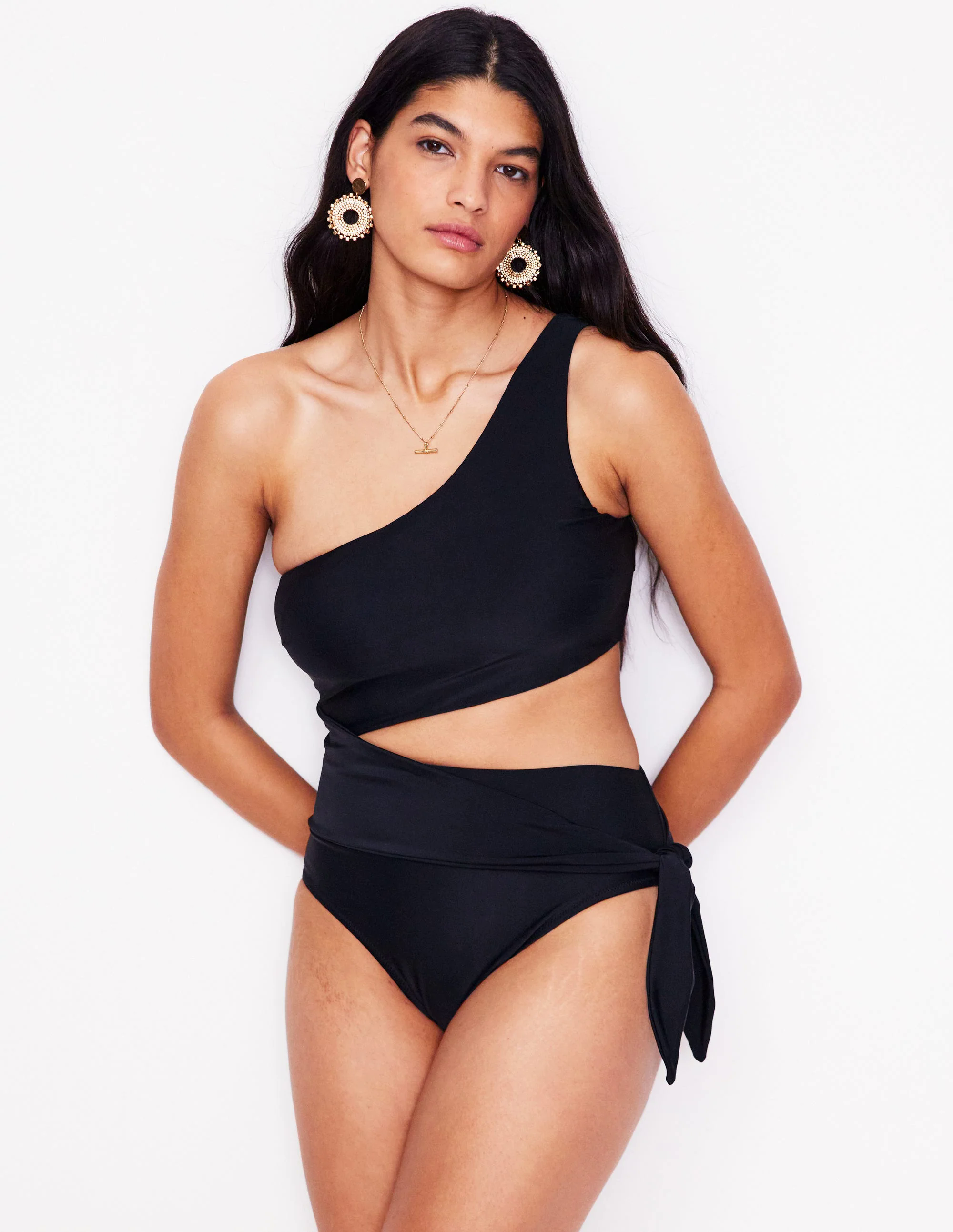 Asym Cut Tie Swimsuit-Black