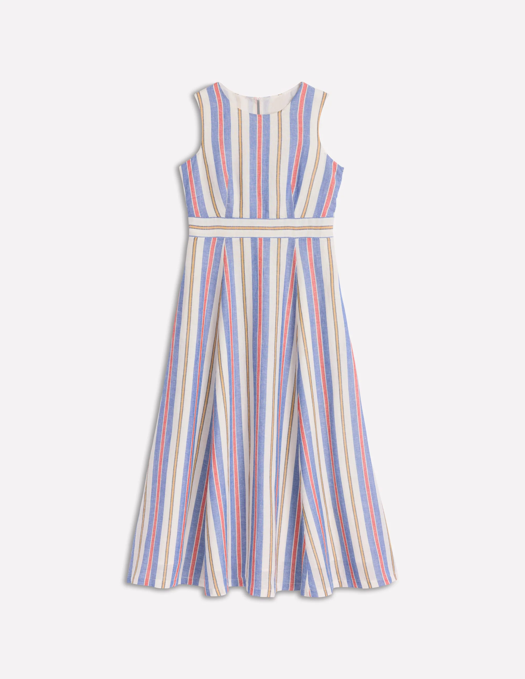 Sleeveless Linen Blend Dress-Bright Blue and Brown Stripe