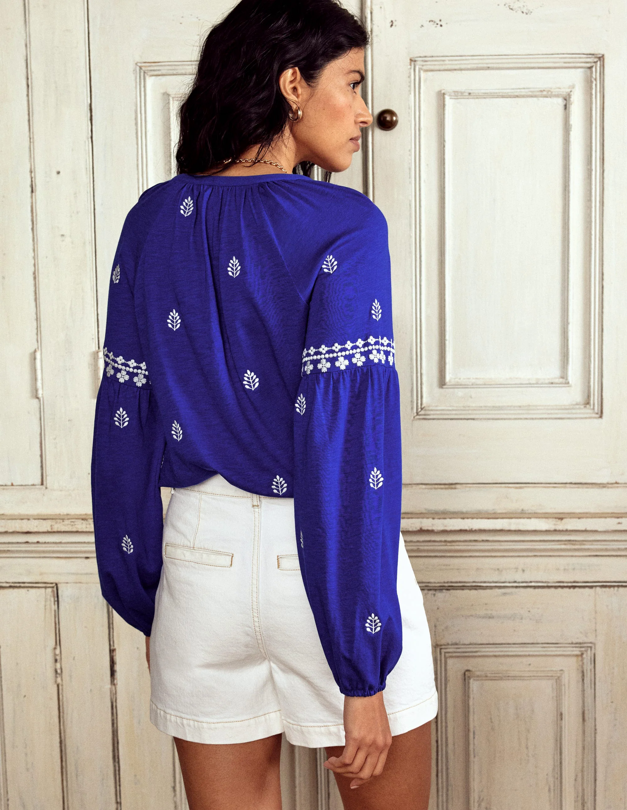 Embroidered Seam Sleeve Shirt-Bright Blue