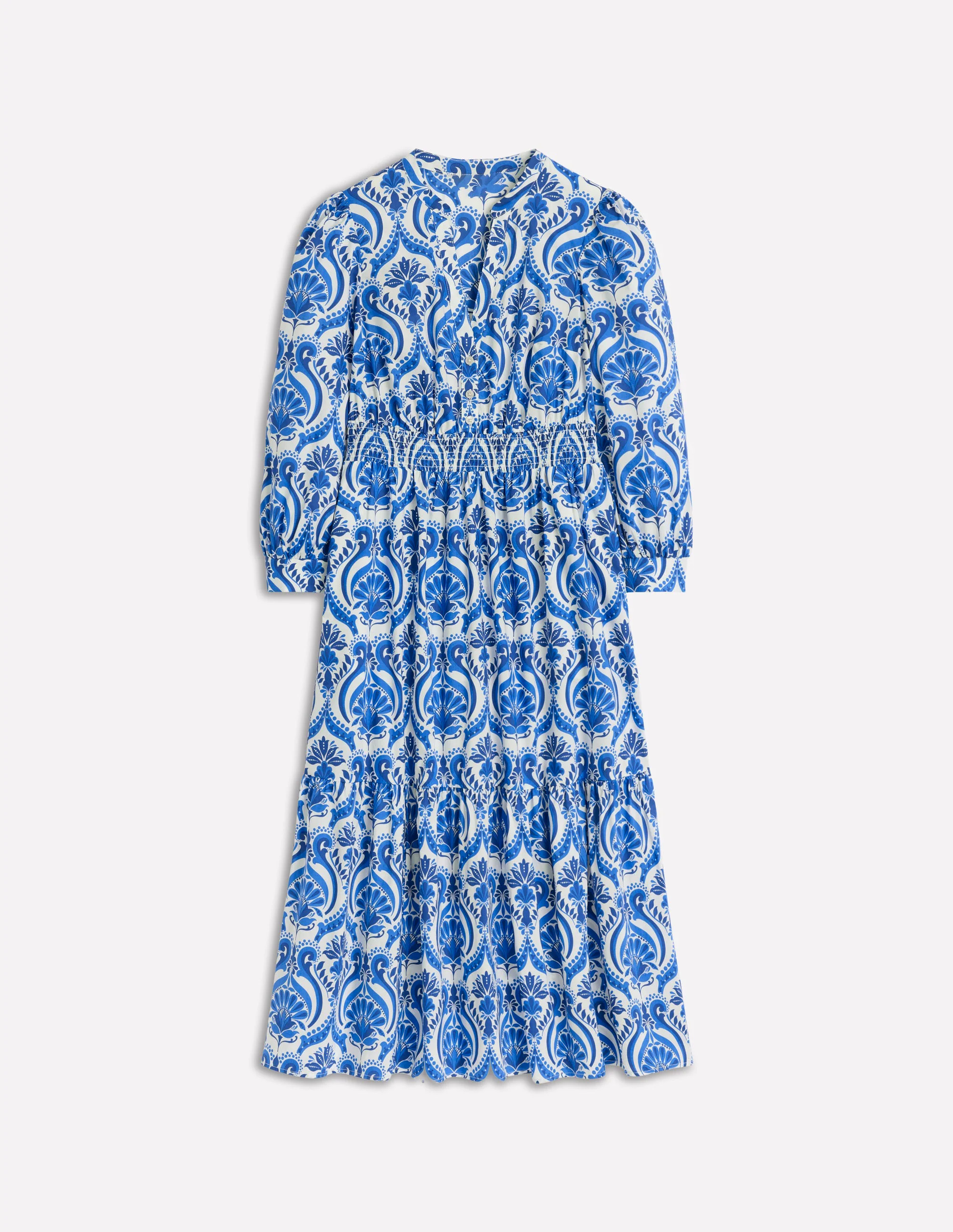 Elena Tiered Cotton Midi Dress-Blue, Ornamental Floral