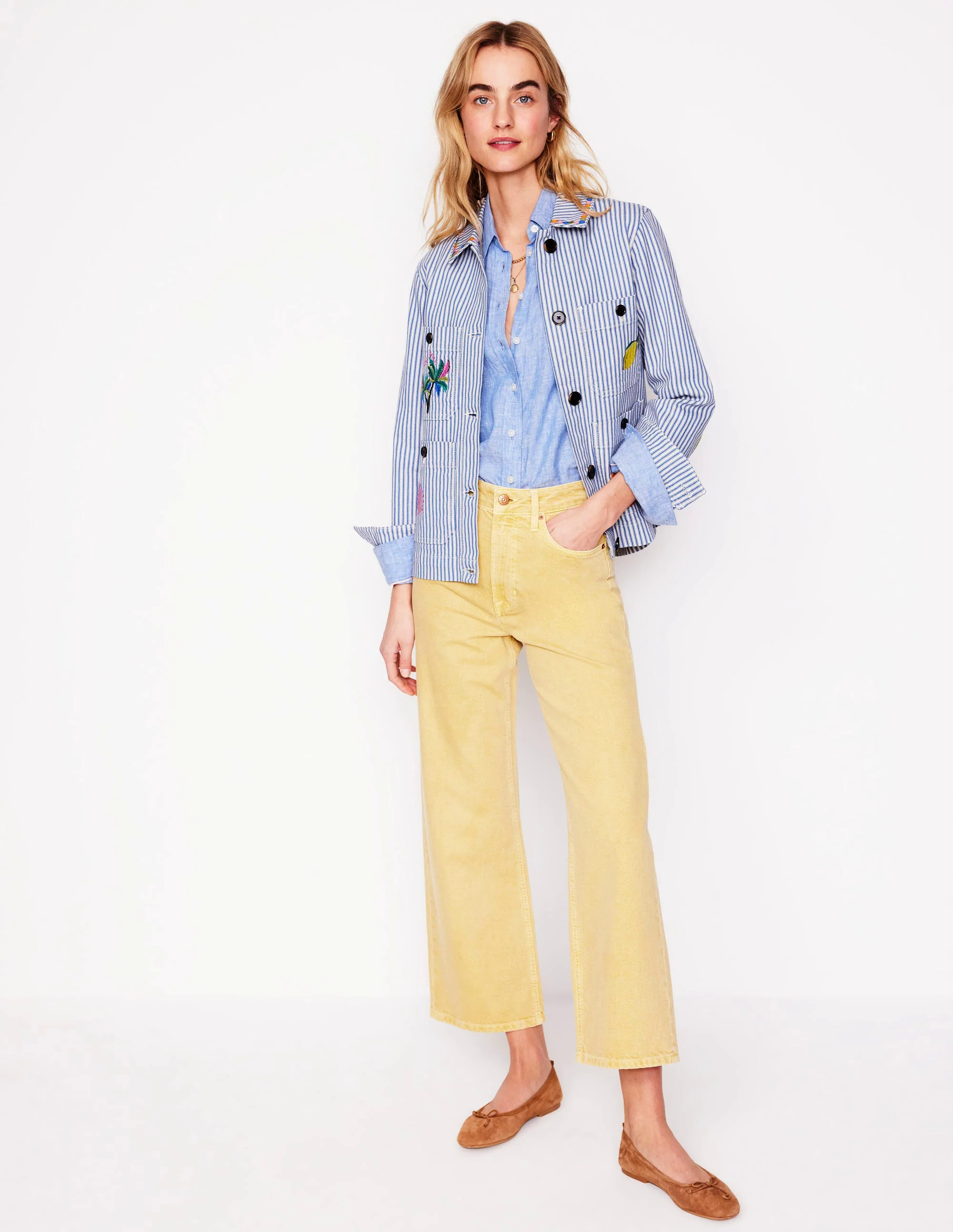 Embroidered Utility Jacket-Forget me not Blue Fine Stripe