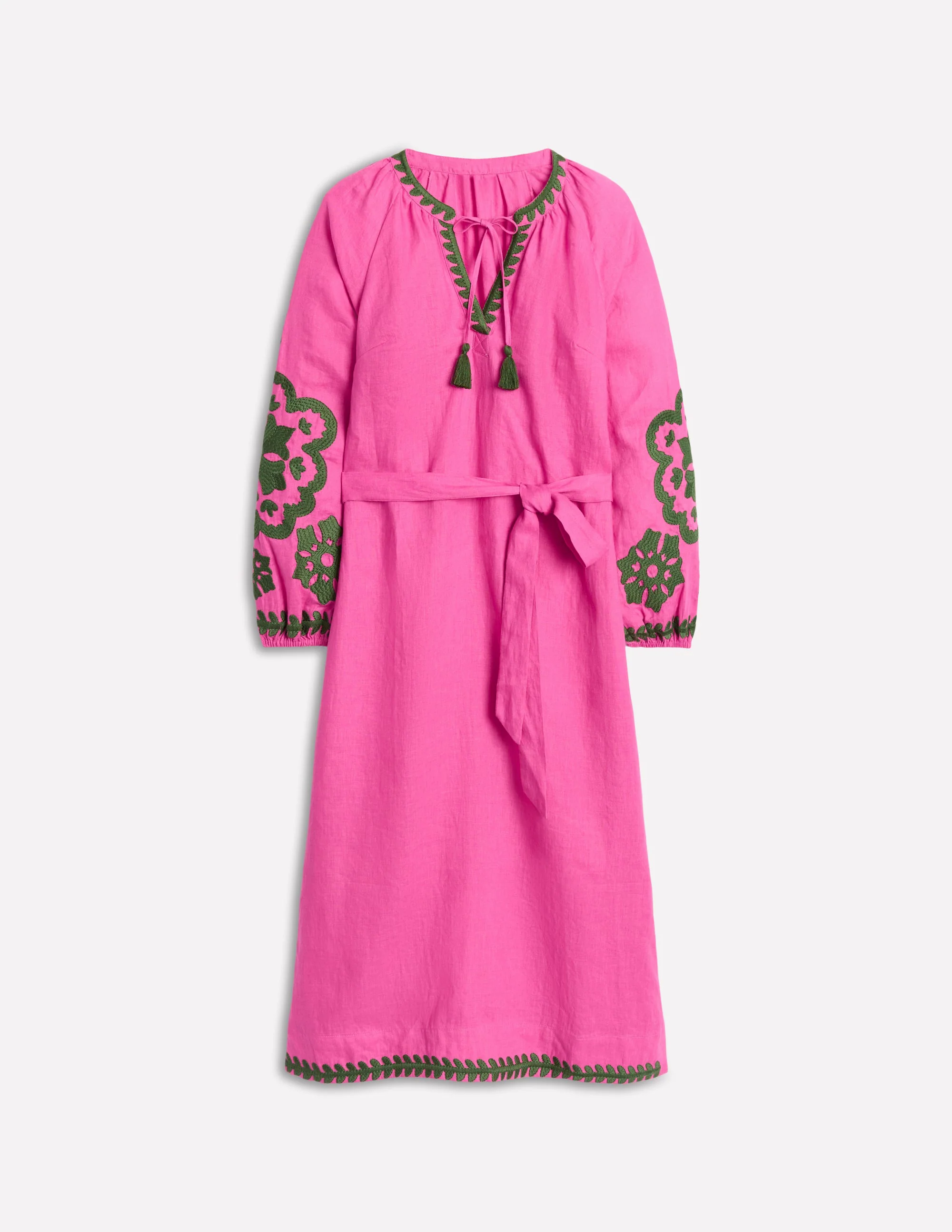 Embroidered Linen Tassel Dress-Sorbet Pink