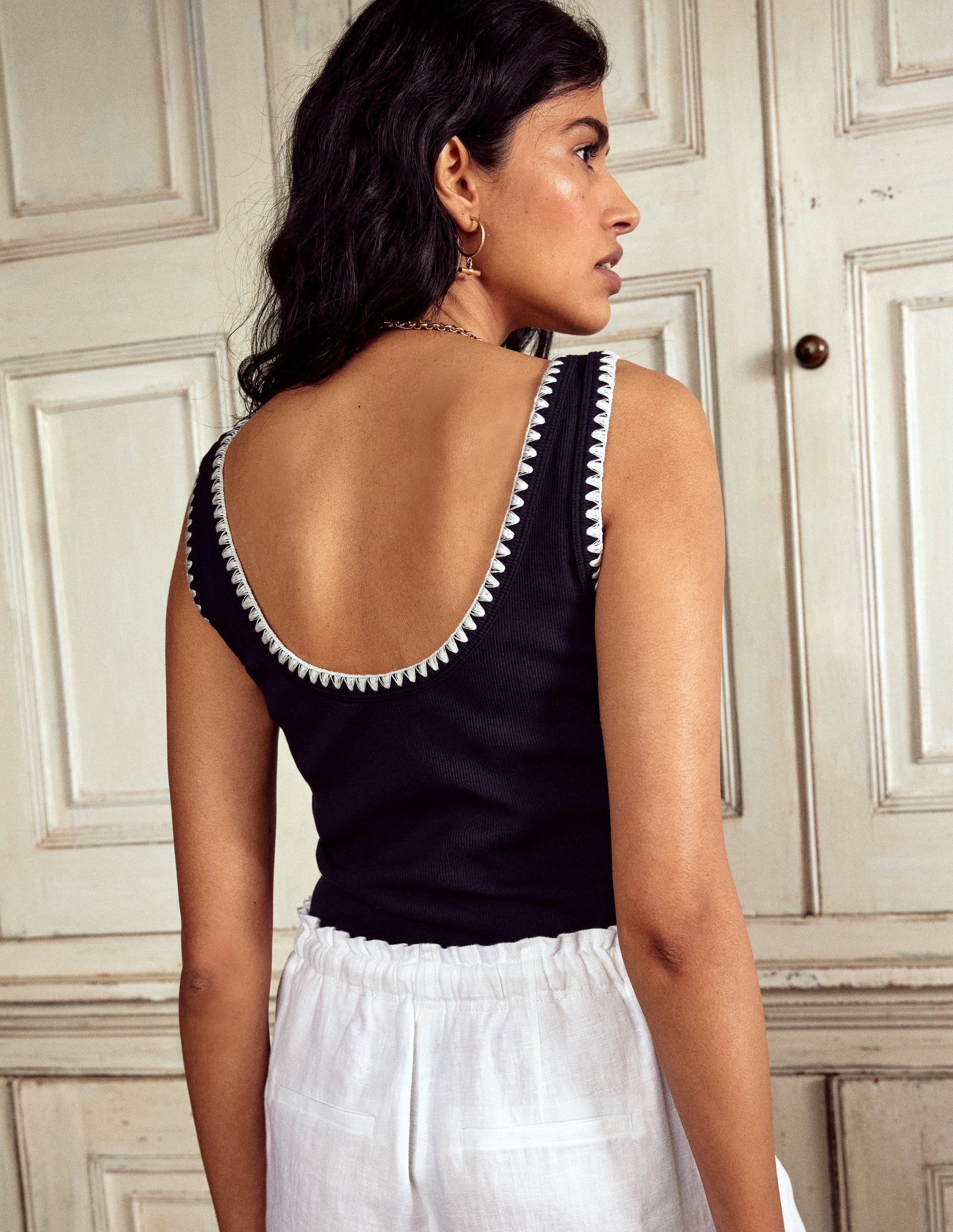 Crochet Trim Tank Top-Navy