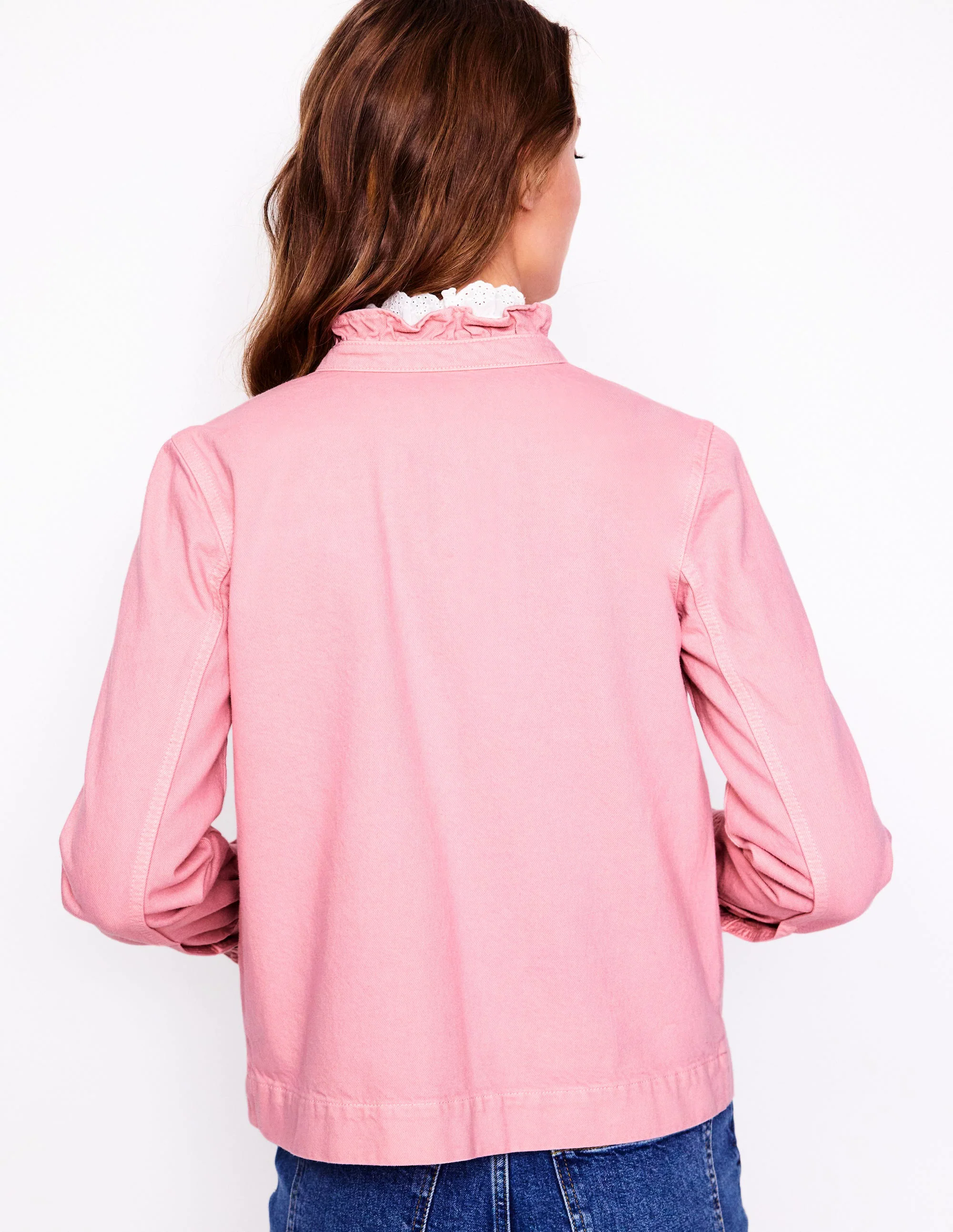 Denim Frill Collar Jacket-Almond Pink