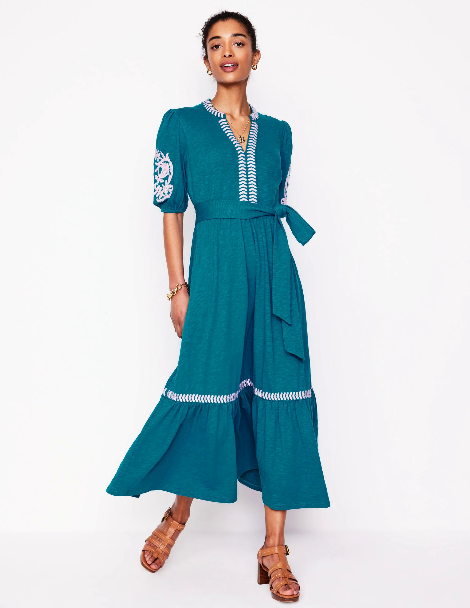 Amara Embroidered Jersey Dress-Deep Sea, Meadowsweet Pink