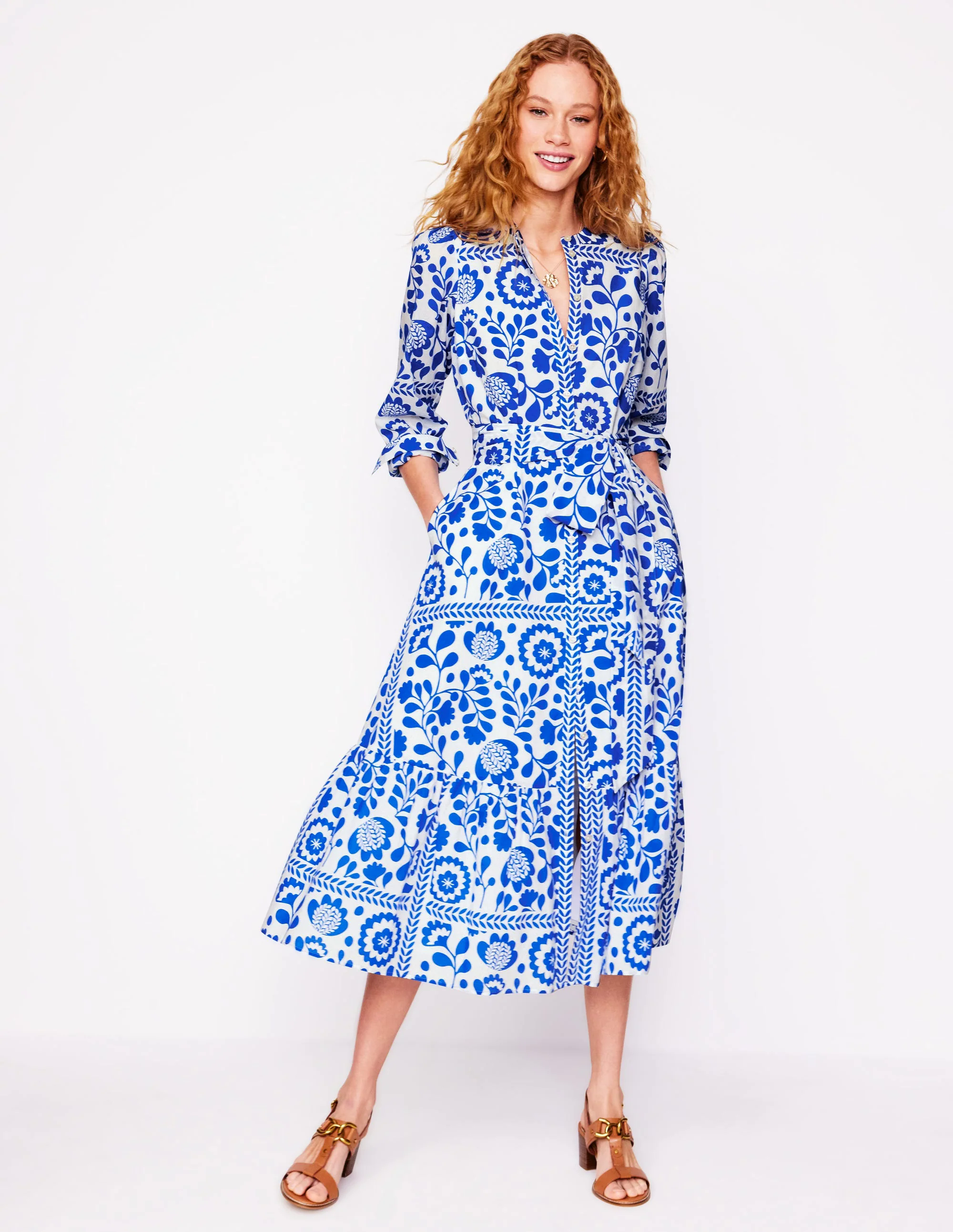 Mia Tiered Shirt Dress-Gallery Blue, Vine Tile