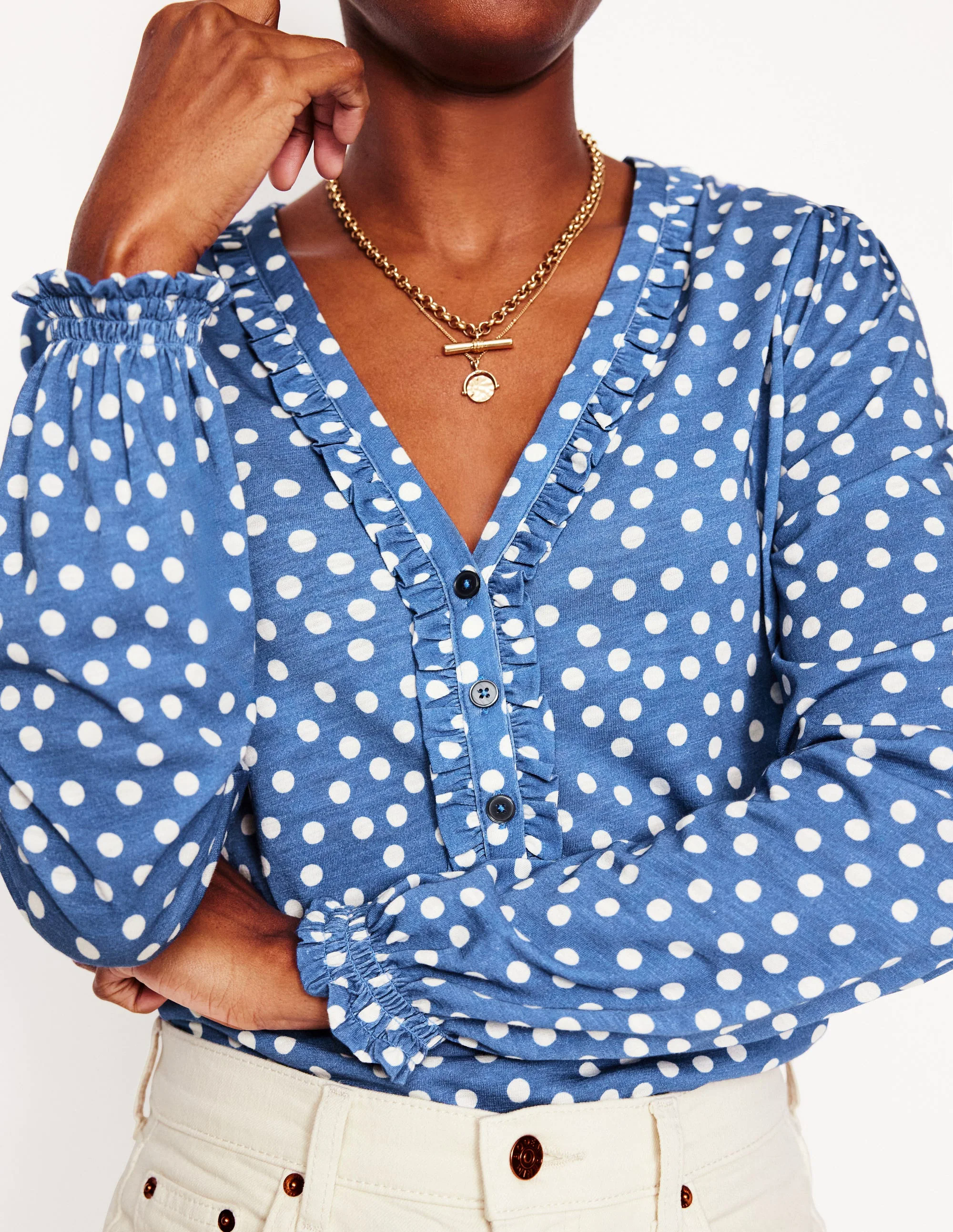 Poppy Ruffled Henley Top-Blue River, Abstract Spot