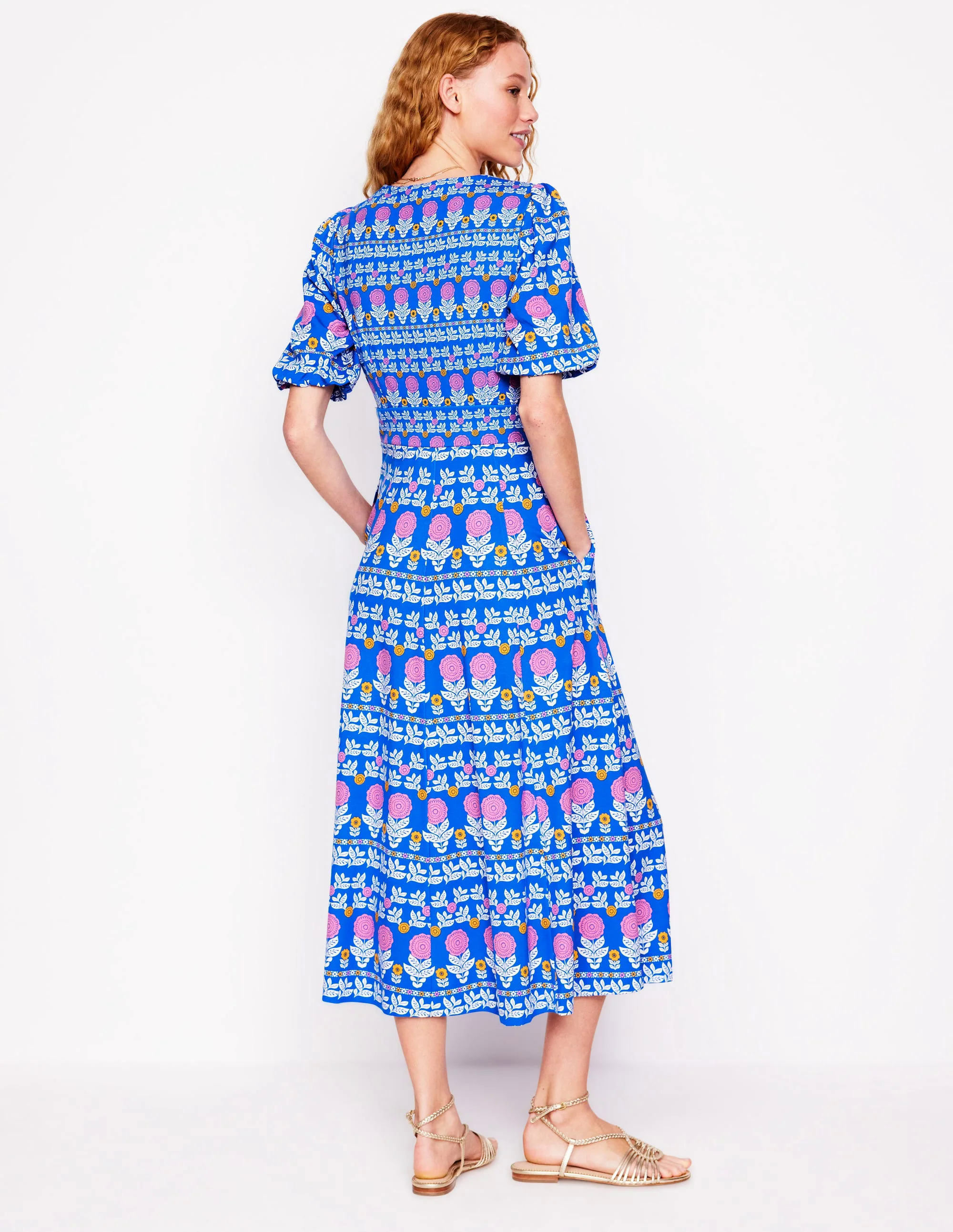 Ponte Puff Sleeve Tea Dress-Gallery Blue, Dahlia Garden