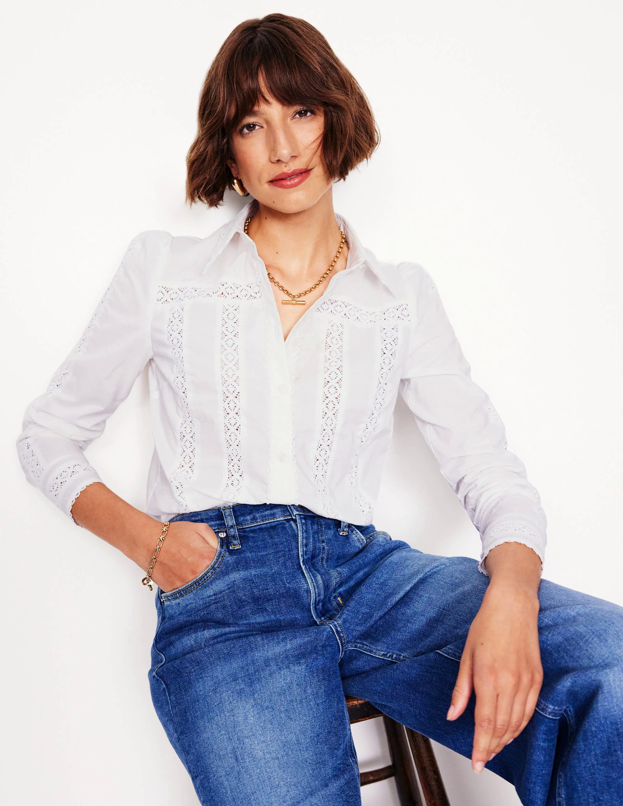 Lace Insert Shirt-White