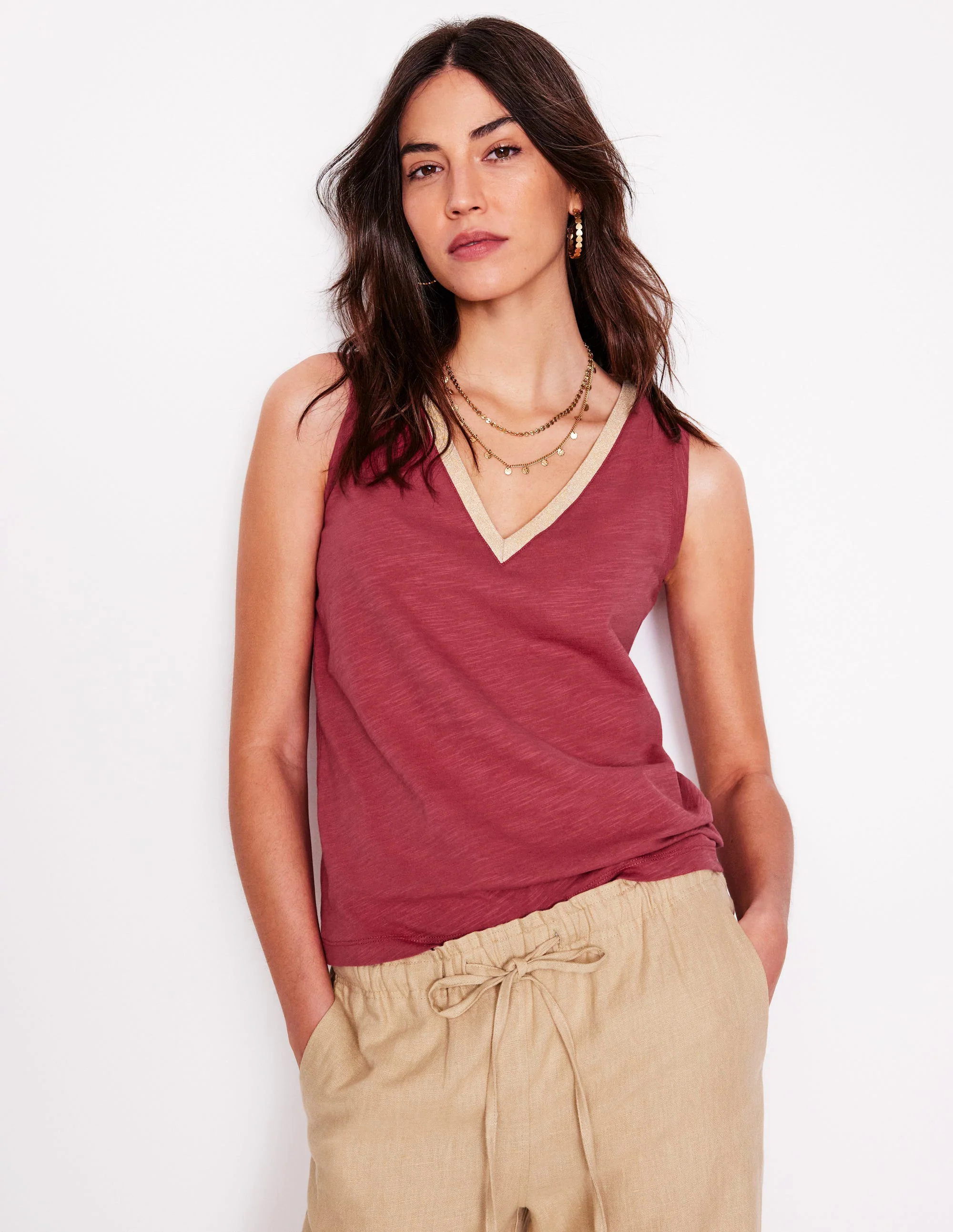Metallic Trim V Neck Vest-Terracotta Red