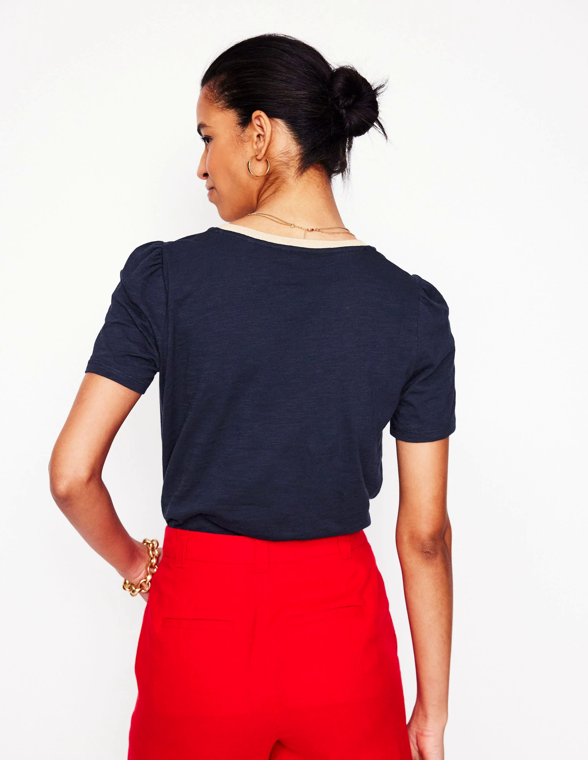 Metallic Trim V Neck T-shirt-Navy