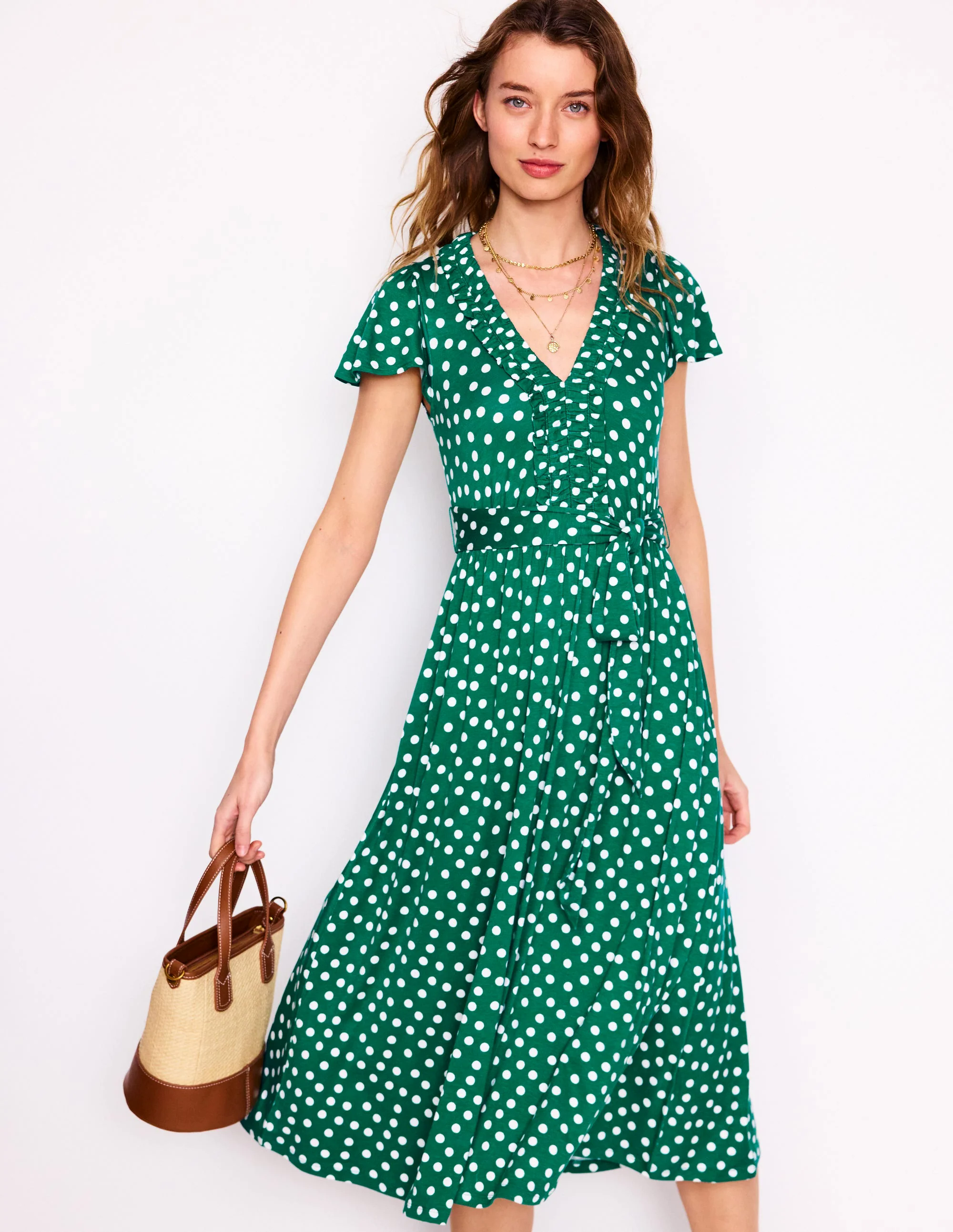 Nicola Jersey Tea Dress-Forest Grass, Painted Dot