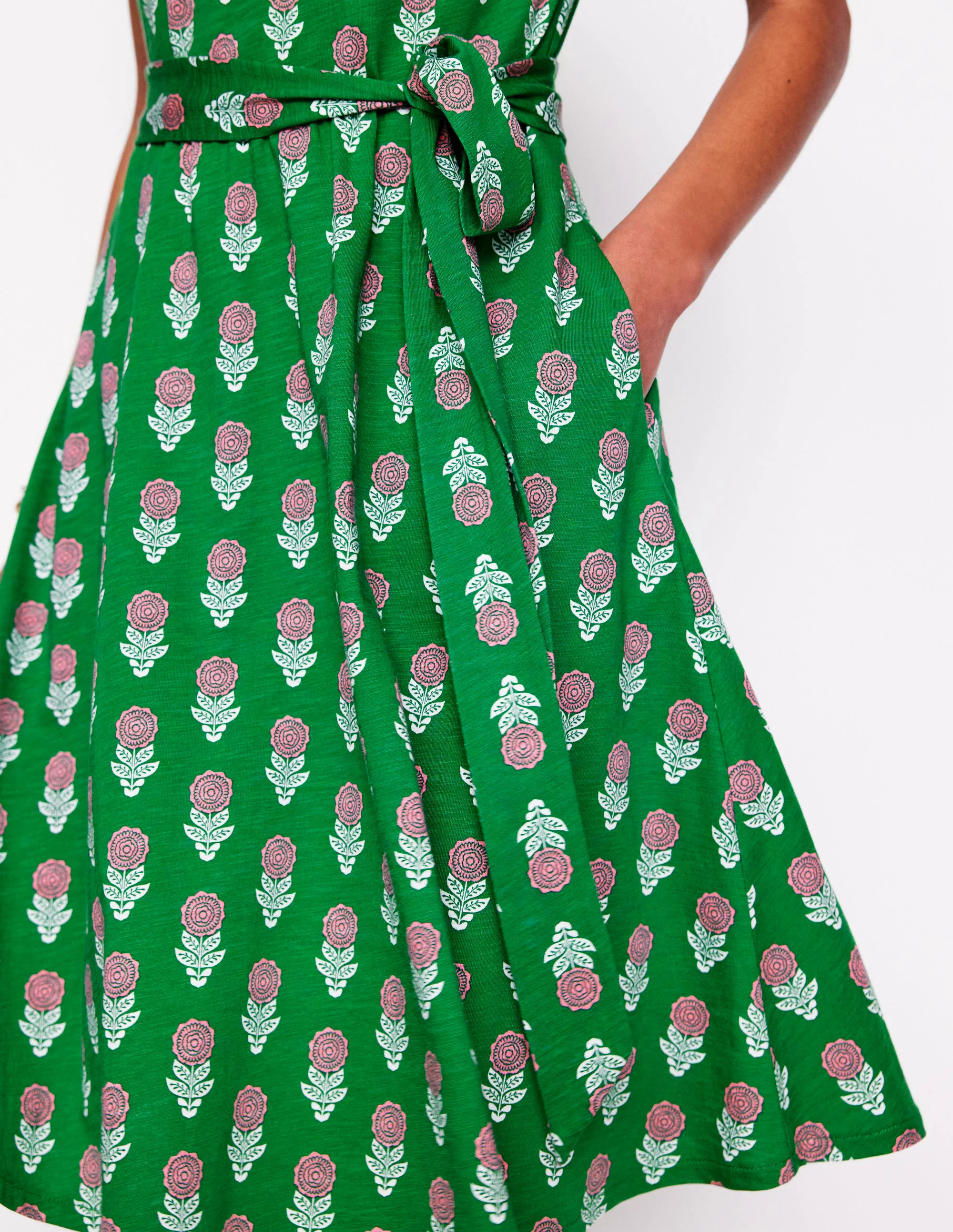 Mila Trim Short Jersey Dress-Rich Emerald, Dahlia Sprig