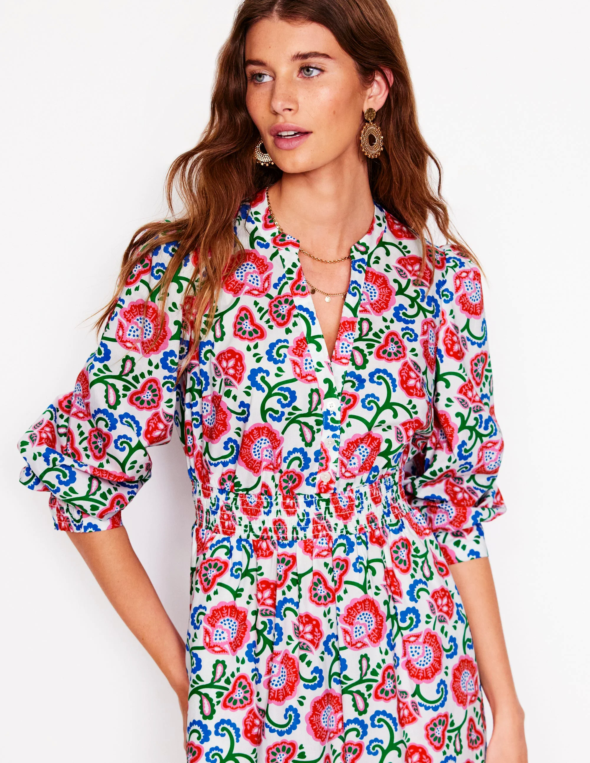 Elena Tiered Cotton Midi Dress-Ivory, Garden Vine