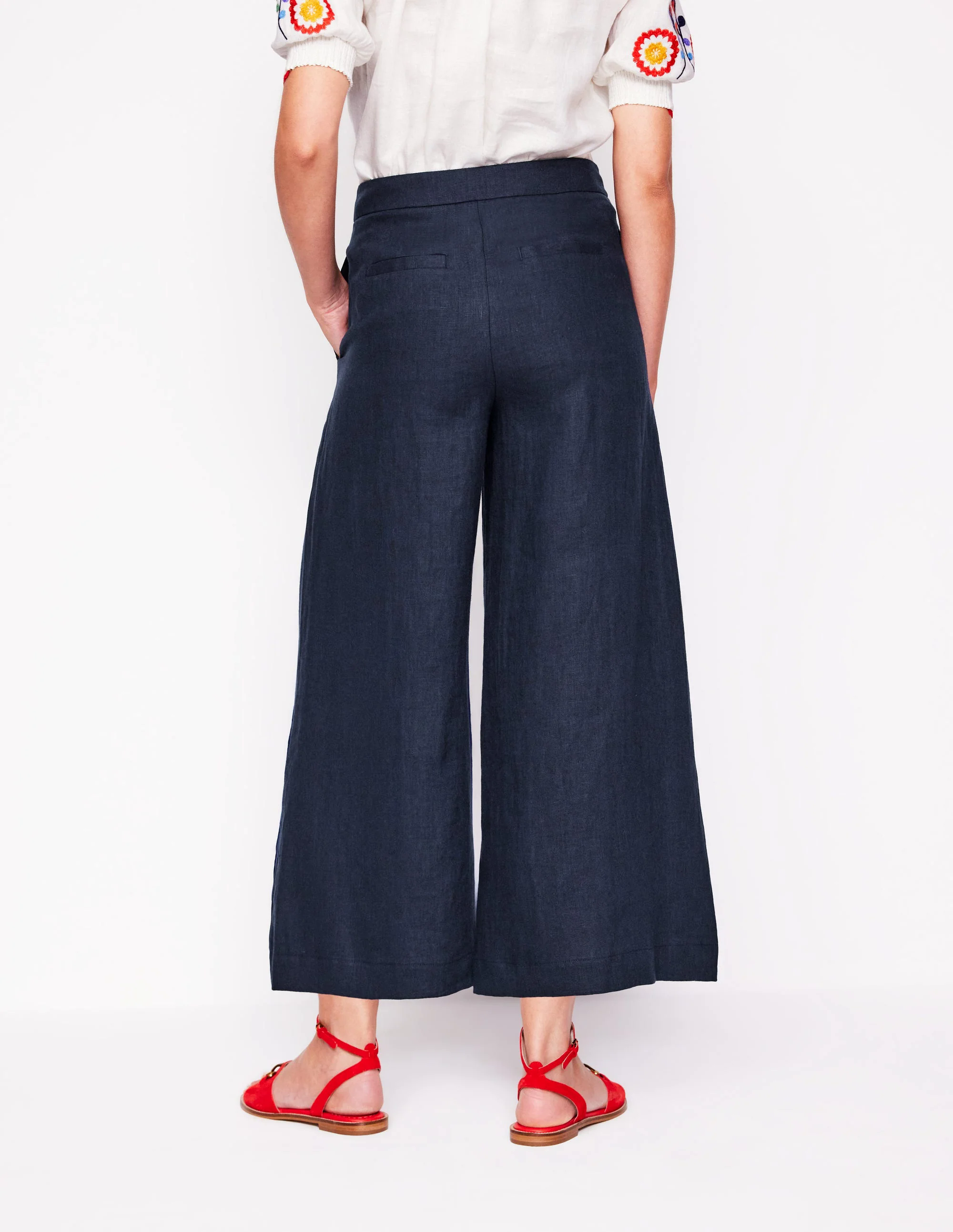 Wide Crop Linen Pants-Navy