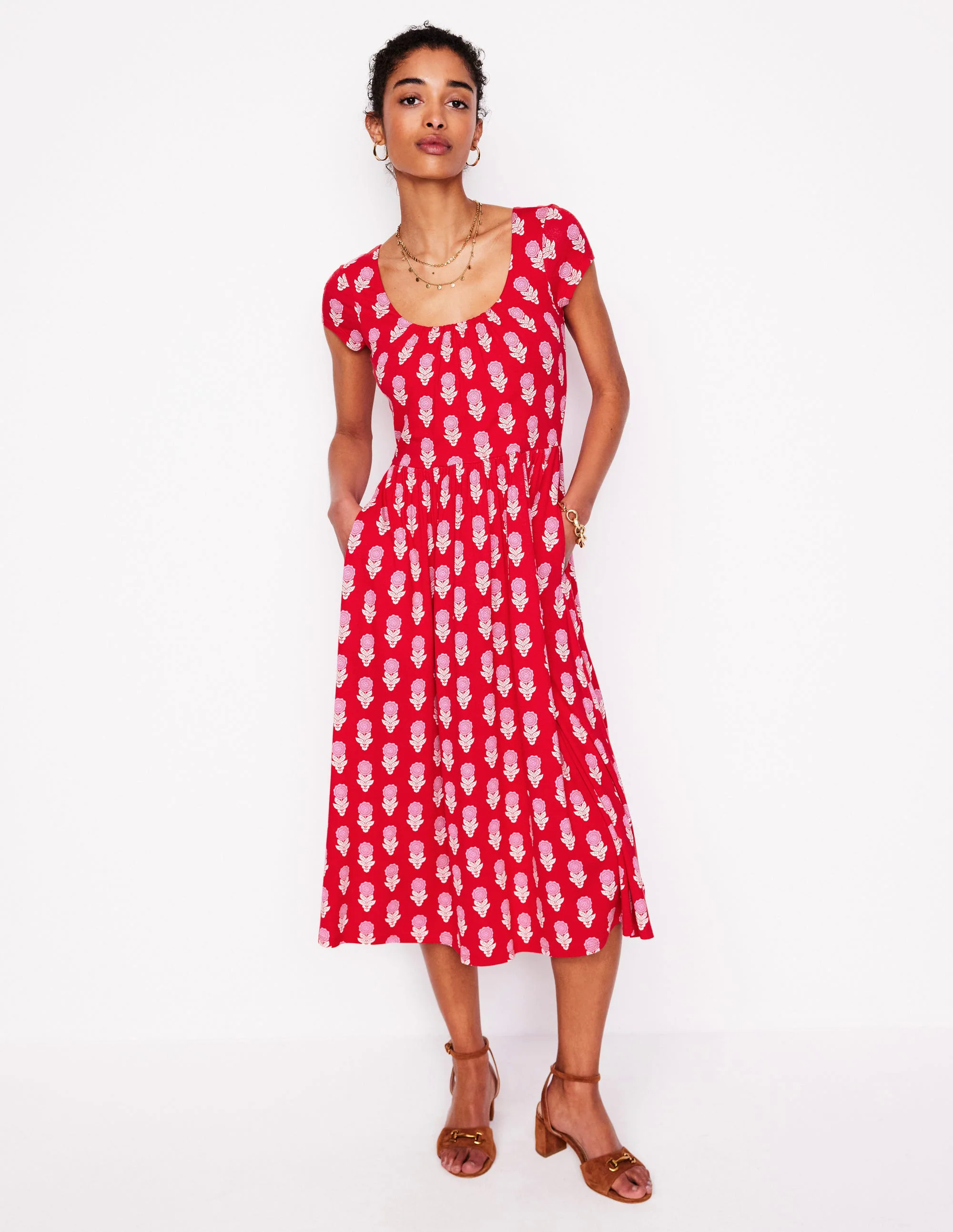 Samantha Scoop Jersey Dress-Poppy Red, Dahlia Sprig