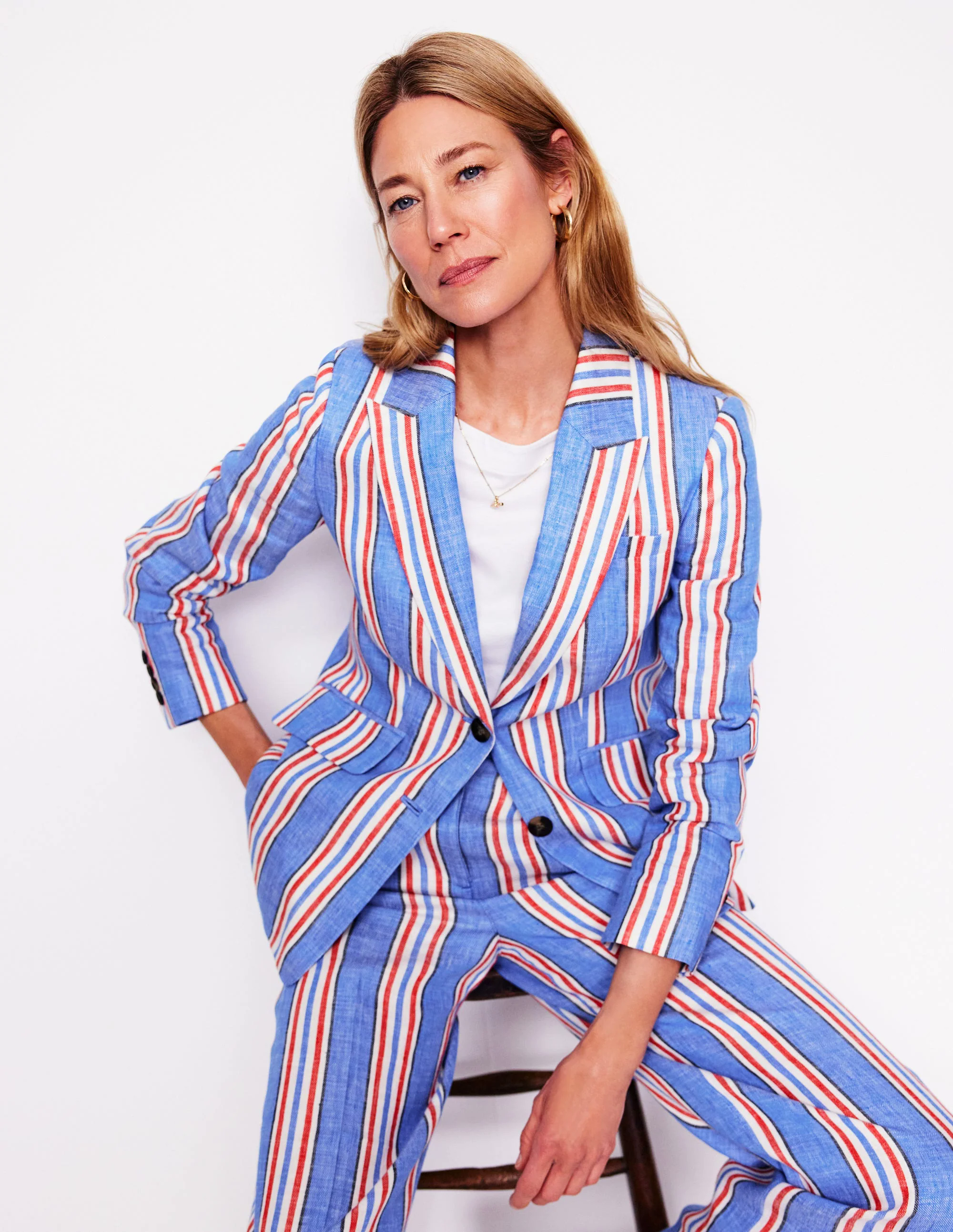 Stamford Linen Blazer-Peacock Plume, Red Stripe