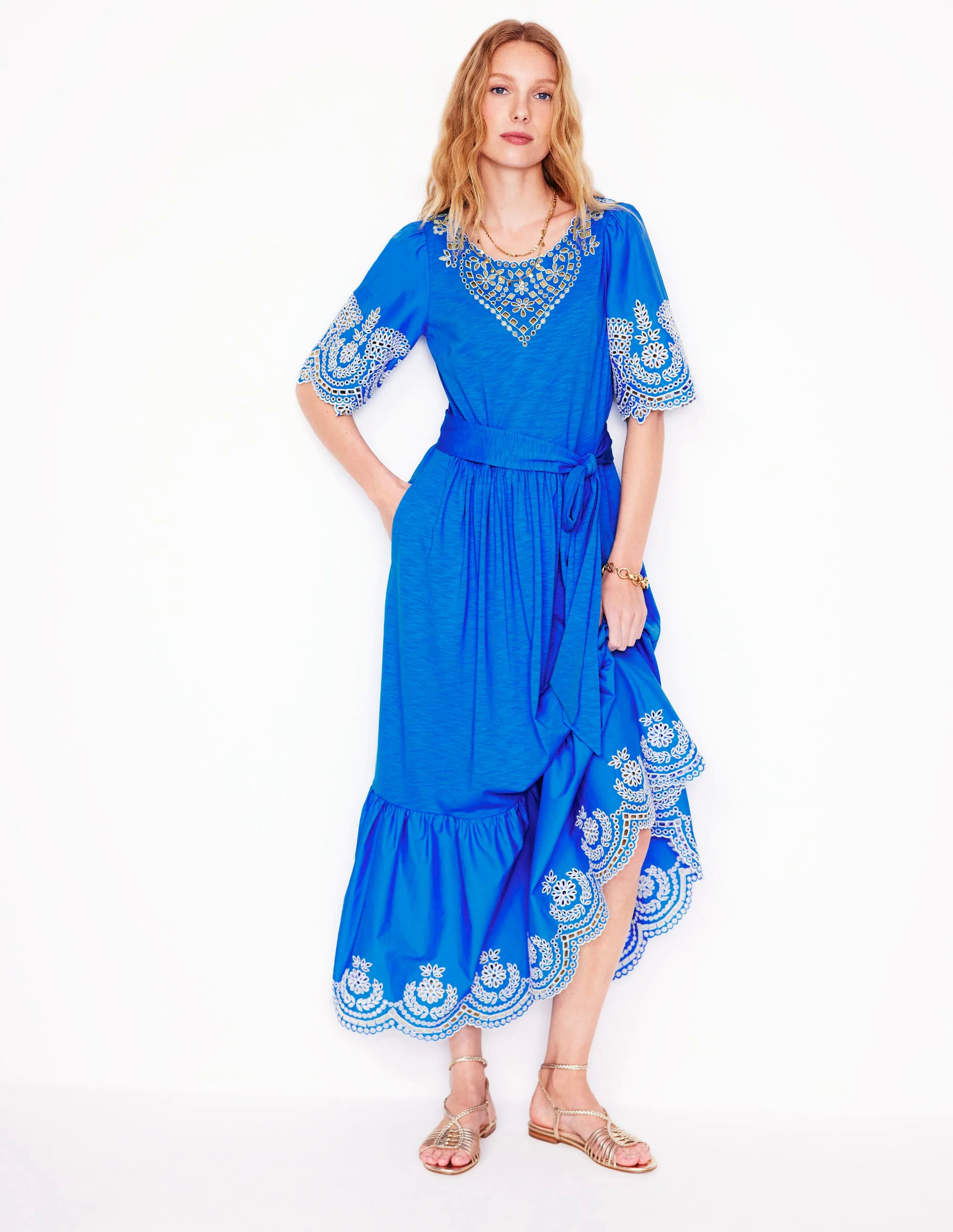 Isabel Broderie Mix maxi Dress-Cerulean Blue