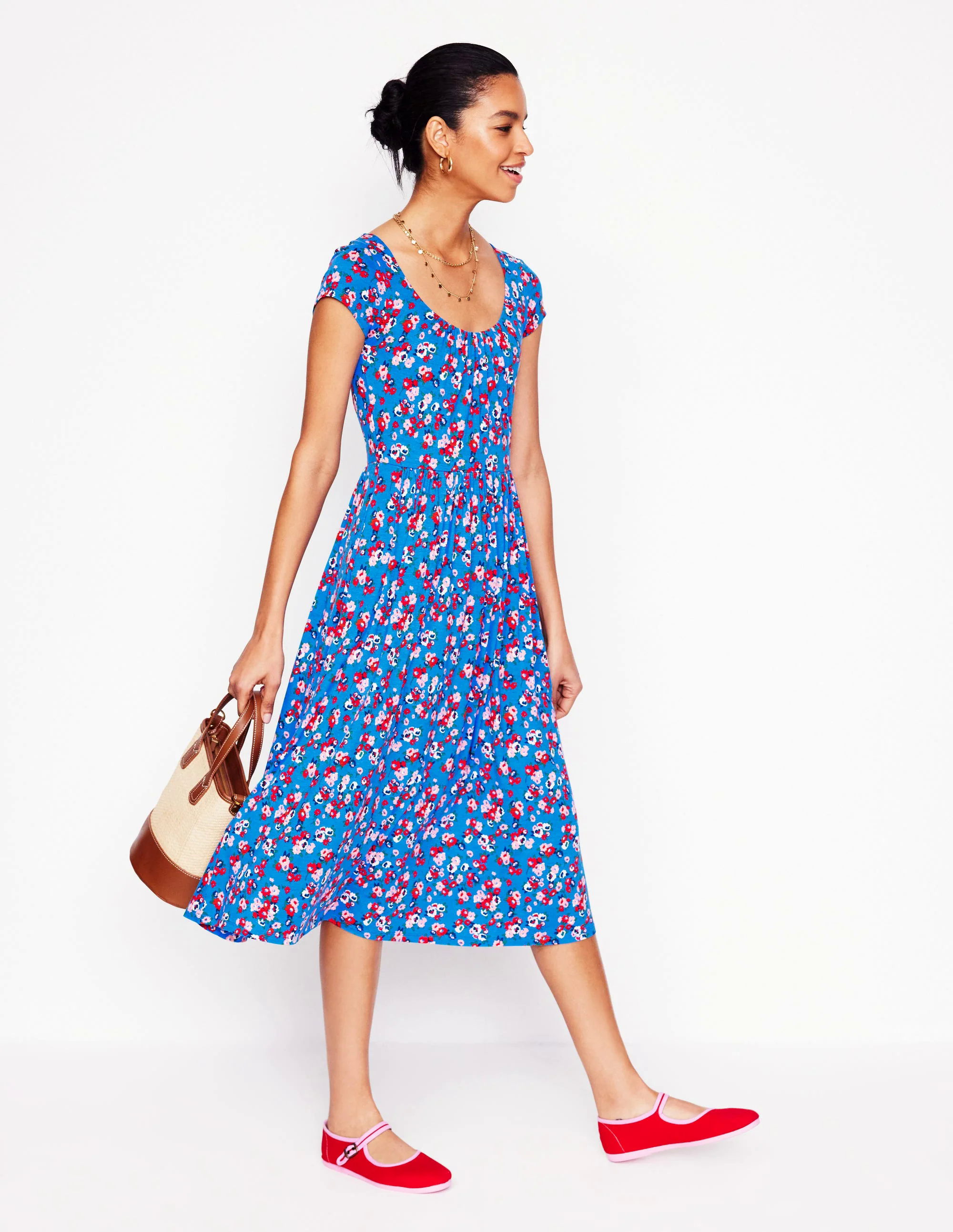 Samantha Scoop Jersey Dress-Cerulean Blue, Painterly Posy
