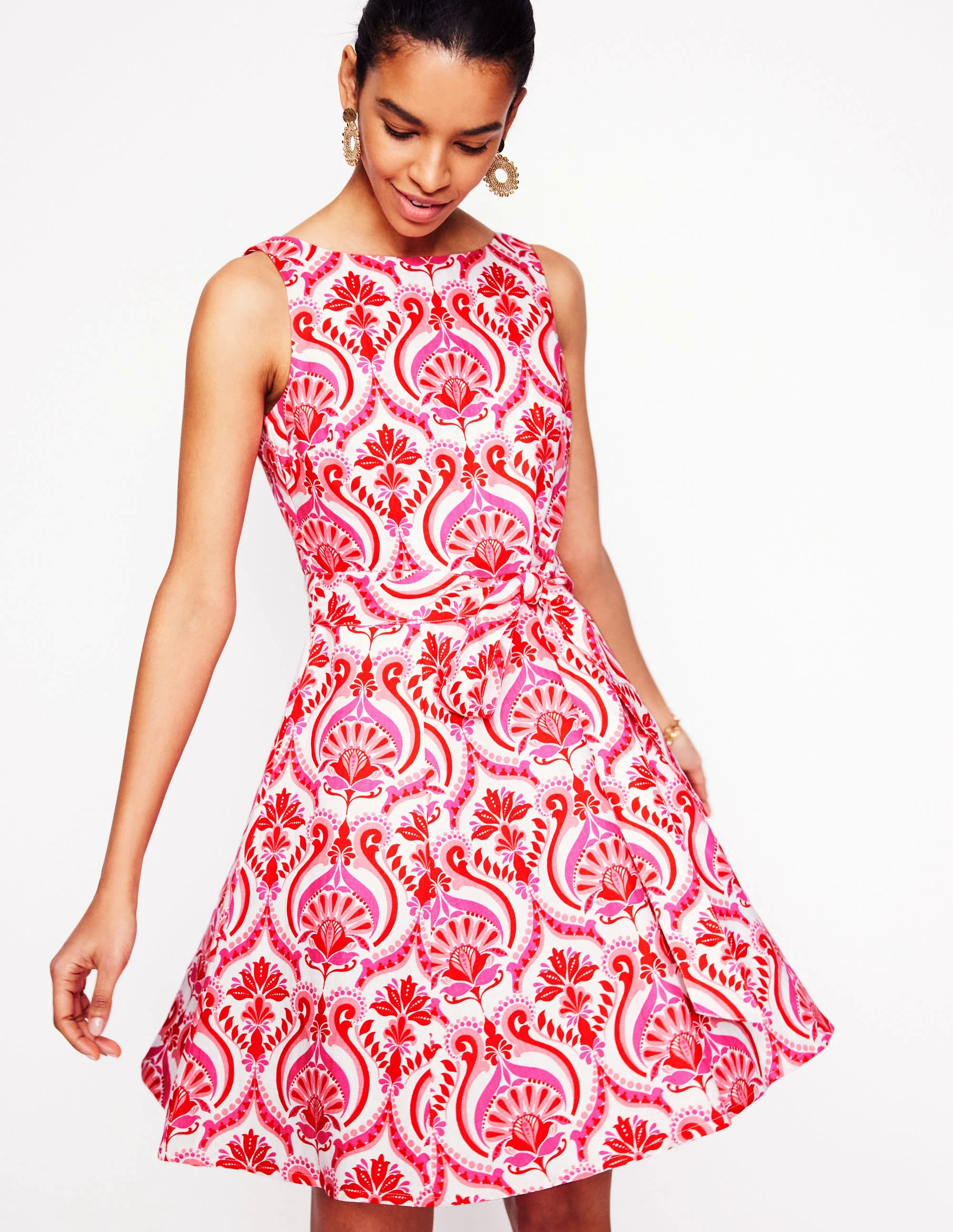 Anya Sleeveless Linen Dress-Poppy Red, Ornamental Floral