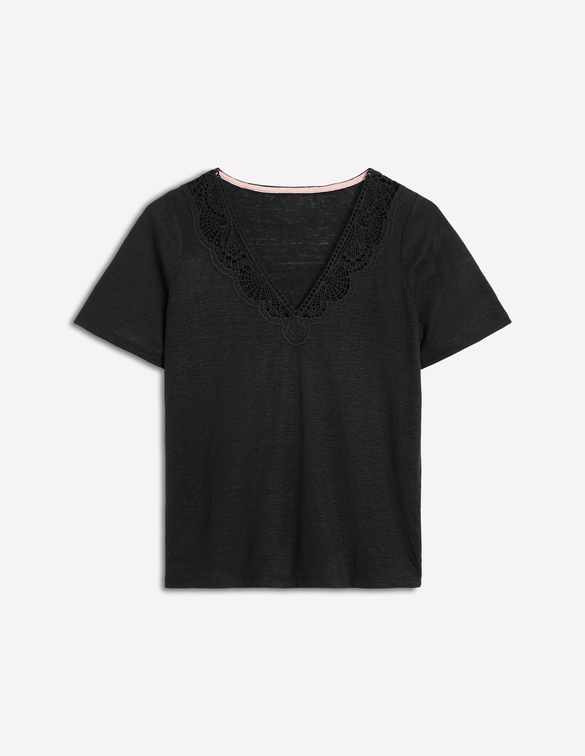 Lace Trim Linen T-shirt-Black