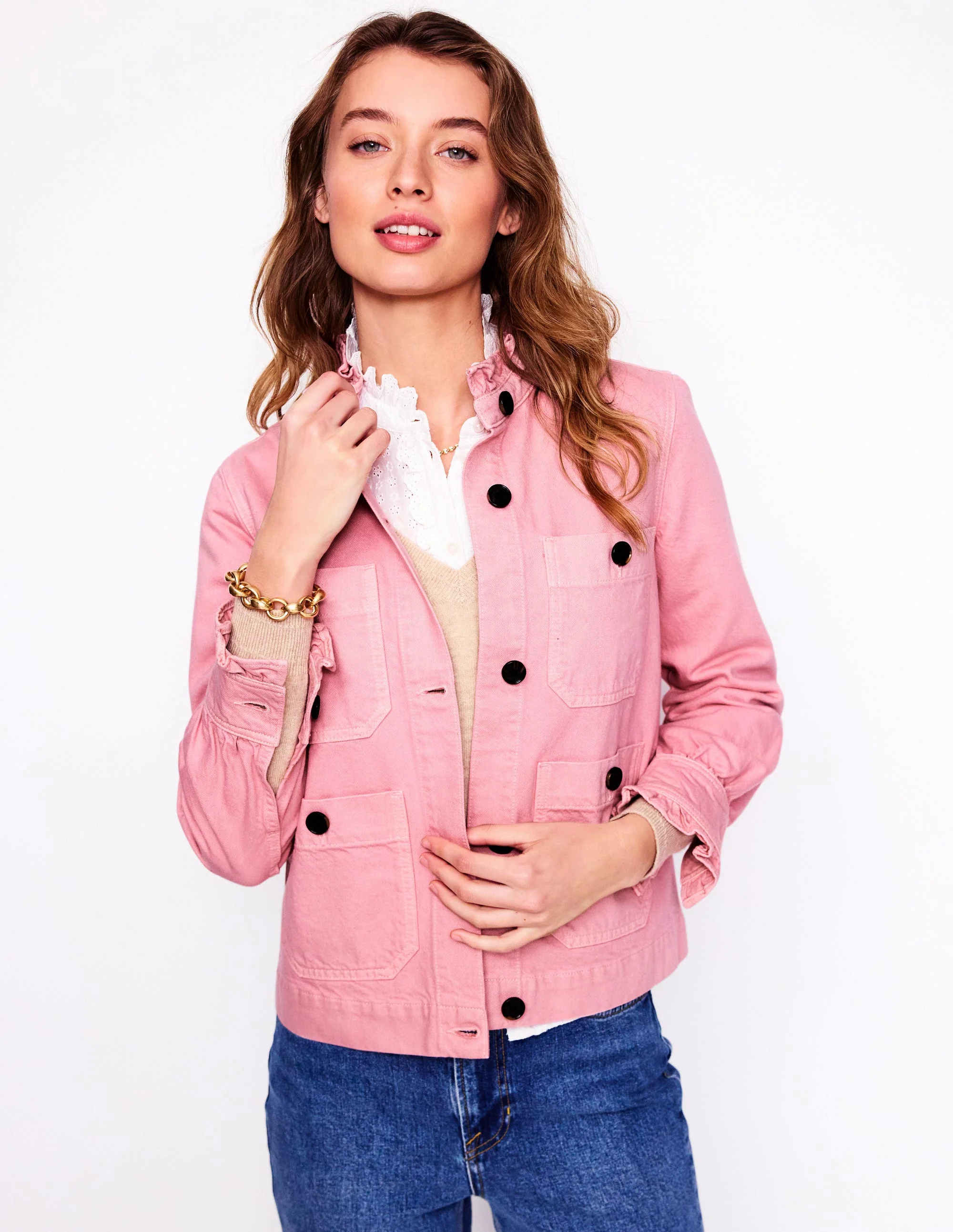 Denim Frill Collar Jacket-Almond Pink