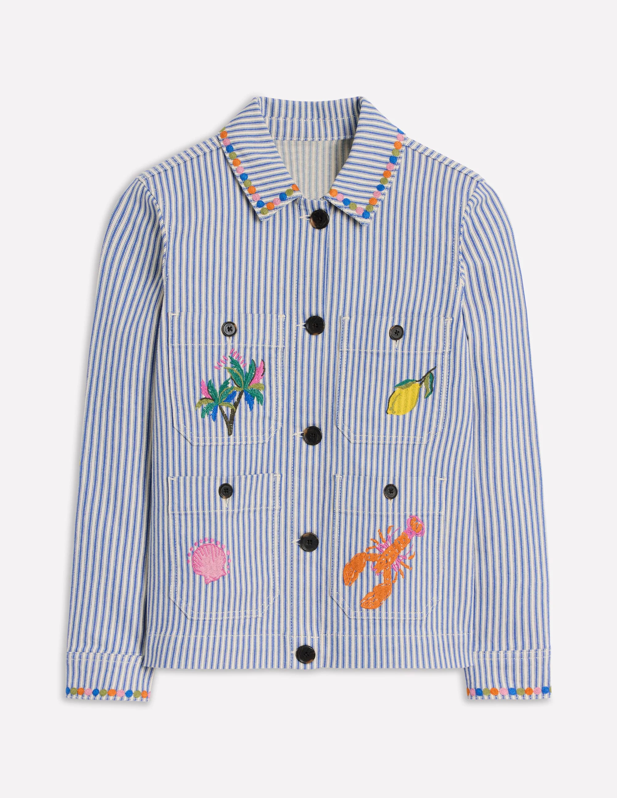 Embroidered Utility Jacket-Forget me not Blue Fine Stripe