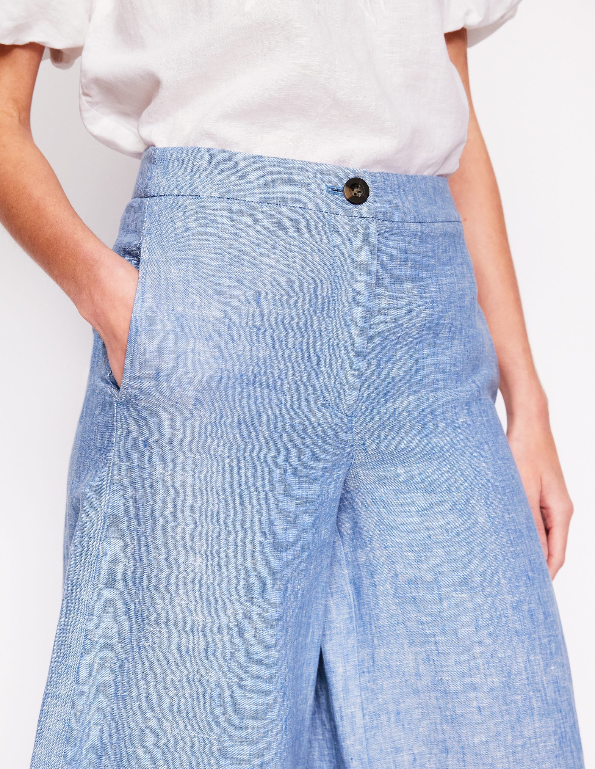 Wide Crop Linen Pants-Grey Blue Chambray