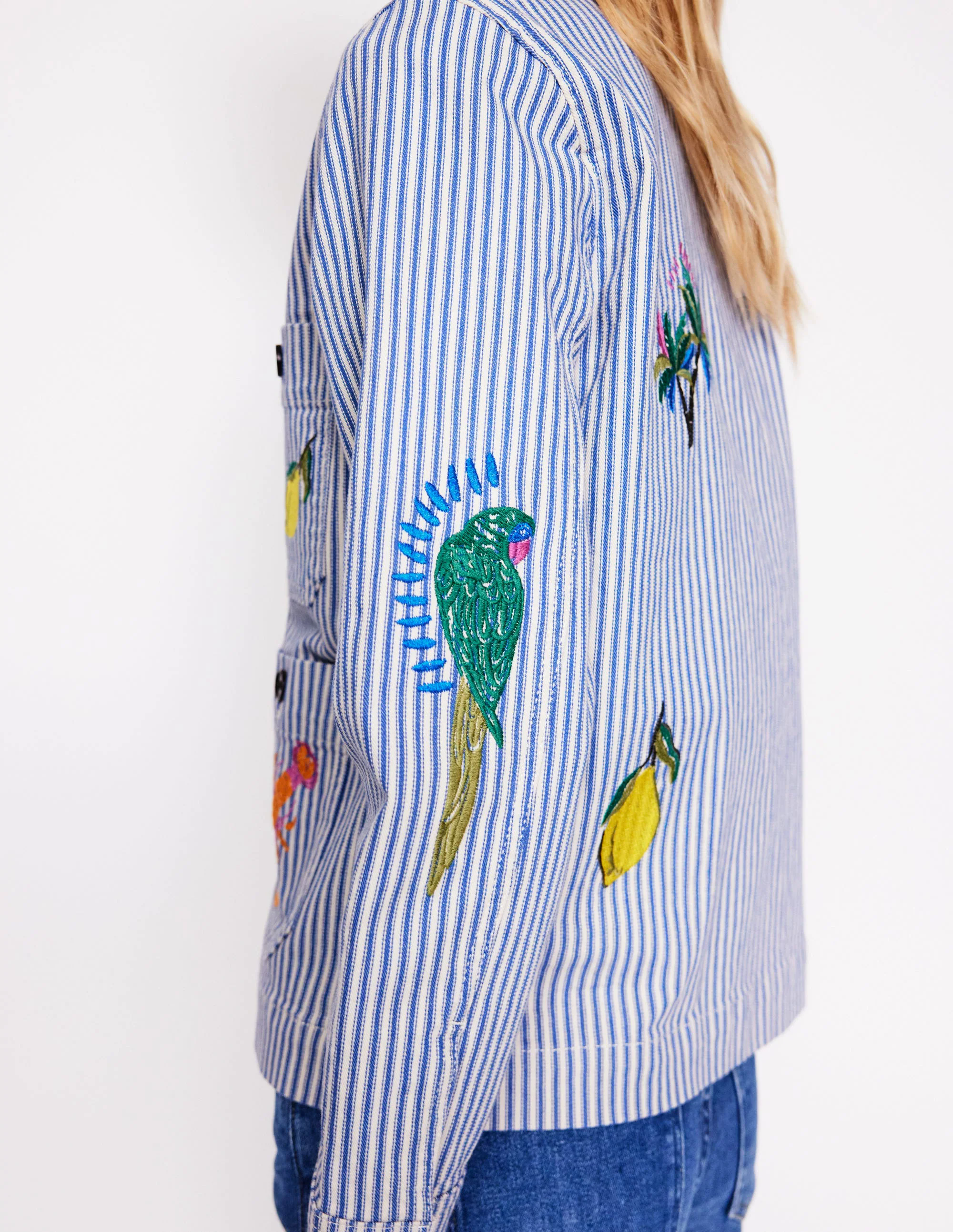 Embroidered Utility Jacket-Forget me not Blue Fine Stripe