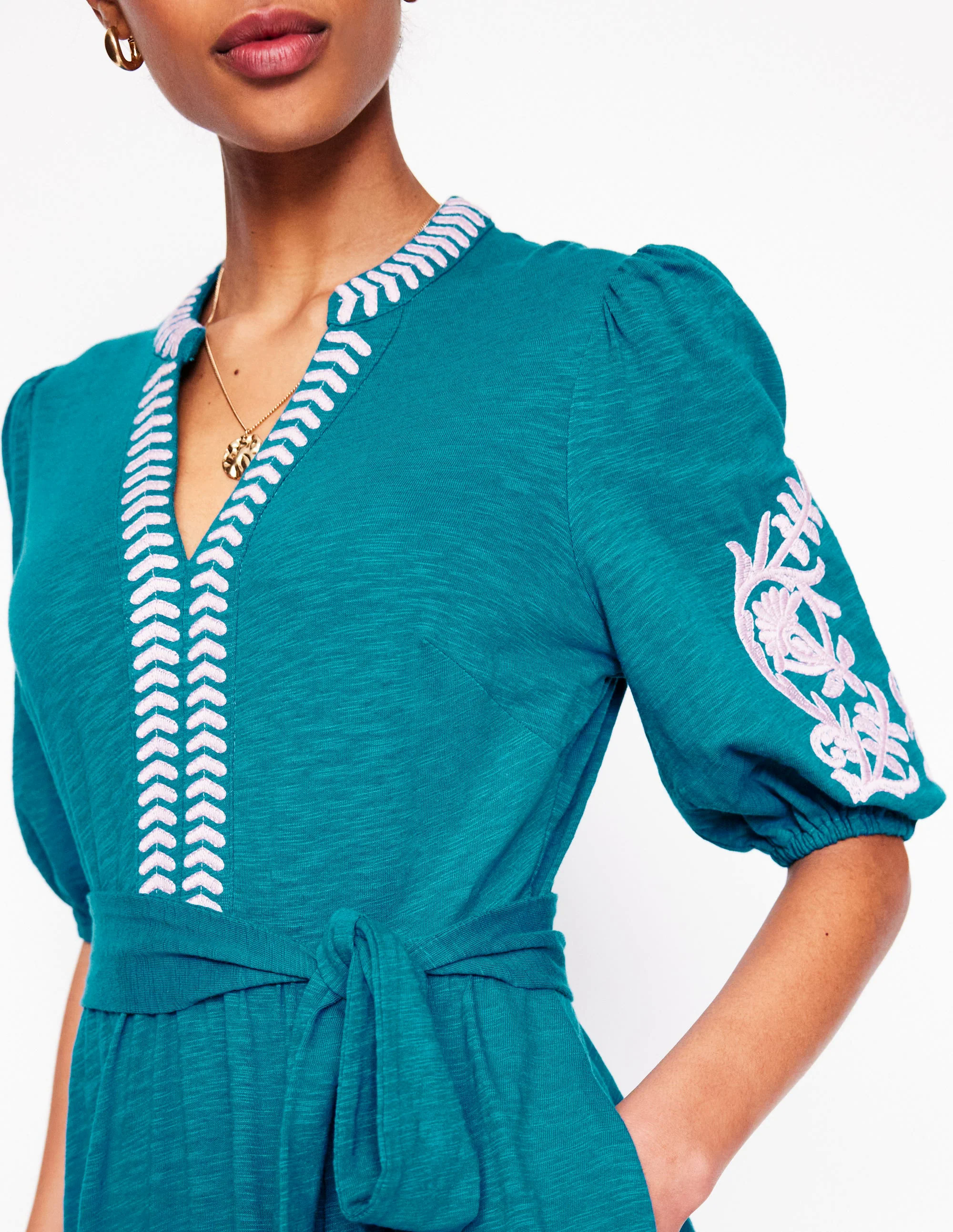 Amara Embroidered Jersey Dress-Deep Sea, Meadowsweet Pink