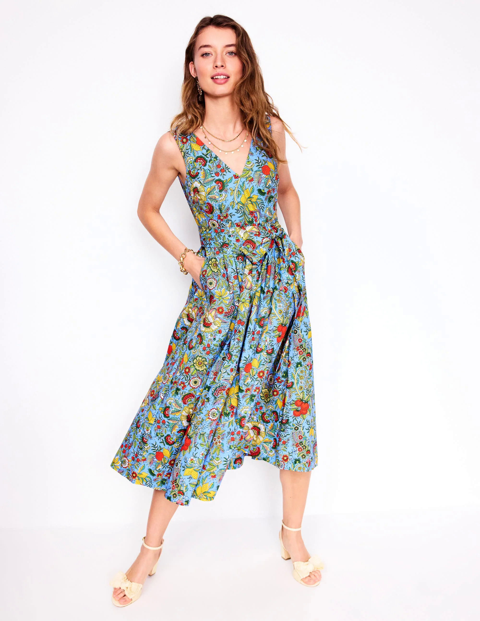 V-Neck Belted Flare Dress-Multi, Citrus Vine