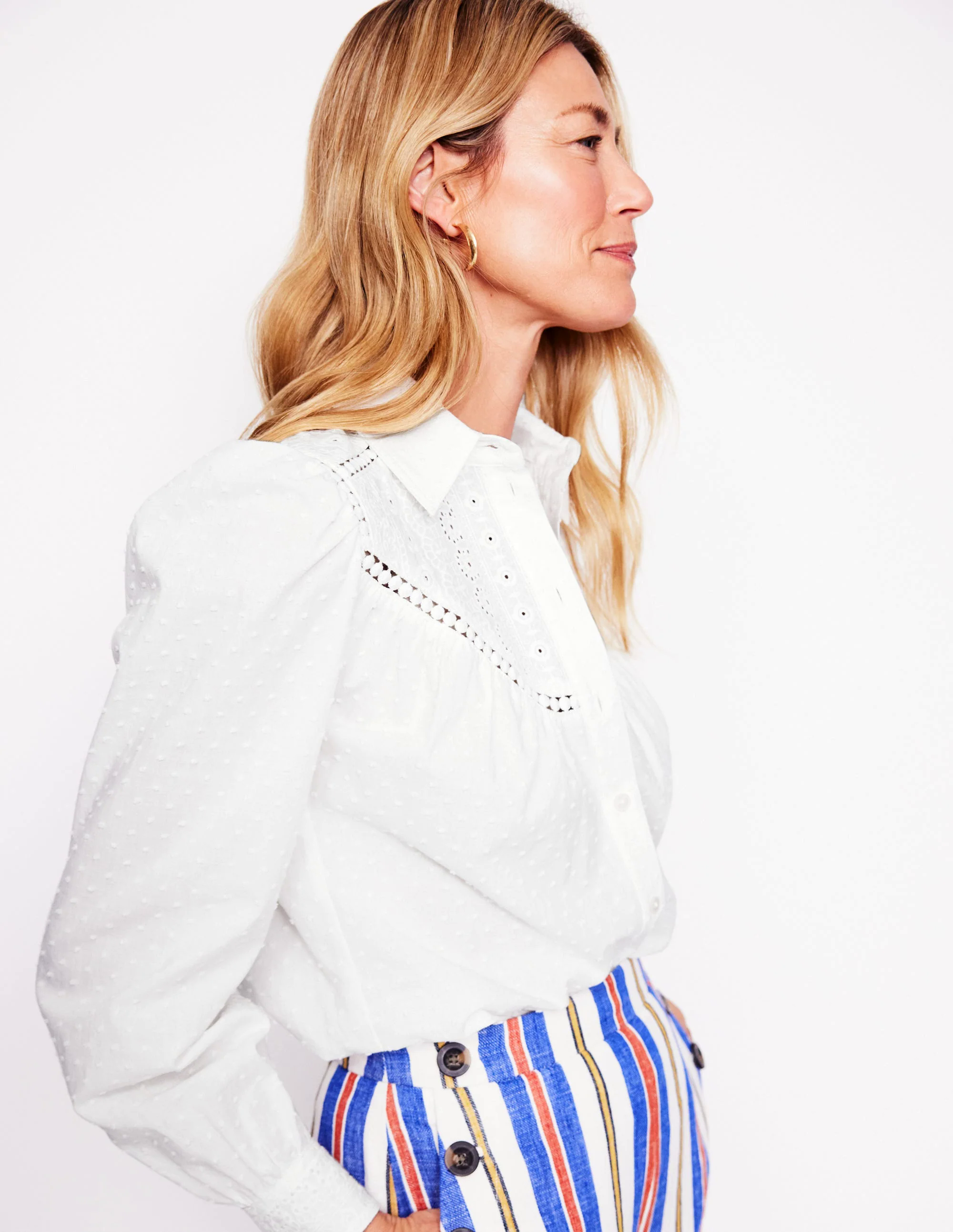 Broderie Contrast Yoke Shirt-White