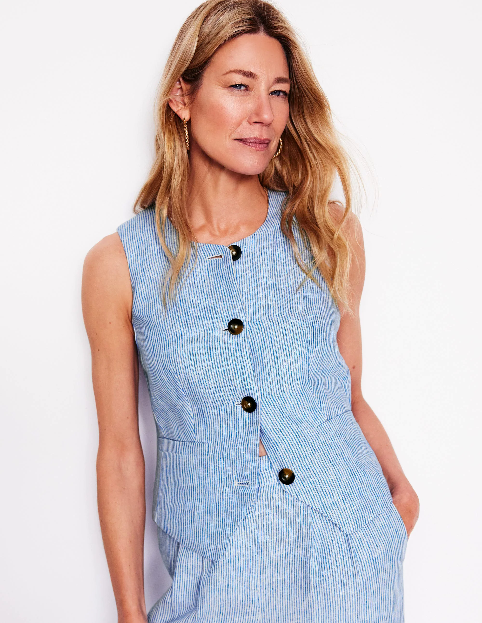 Linen Waistcoat-Kingfisher Blue Fine Stripe