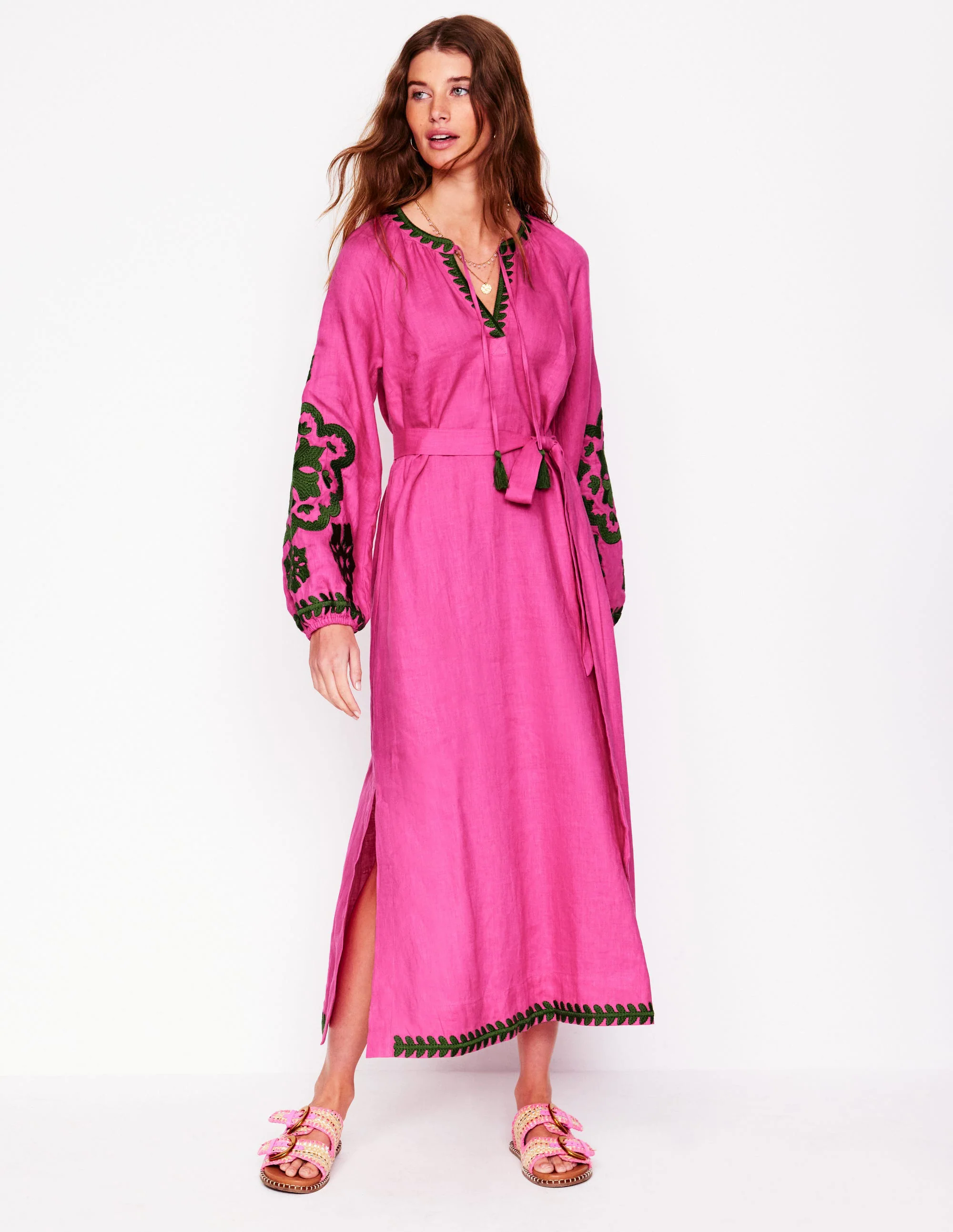 Embroidered Linen Tassel Dress-Sorbet Pink