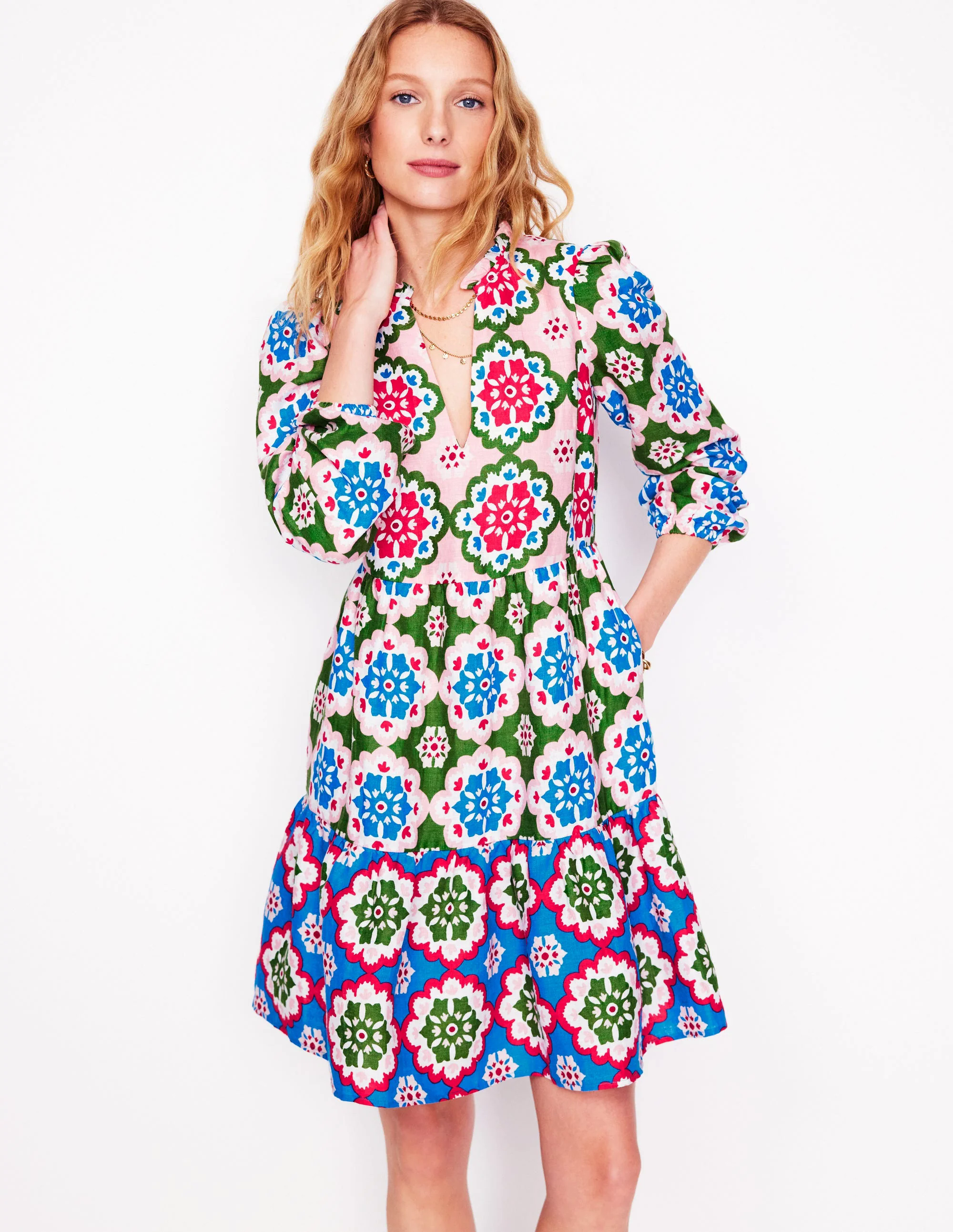 Esme Linen Short Dress-Multi, Bloom Geo